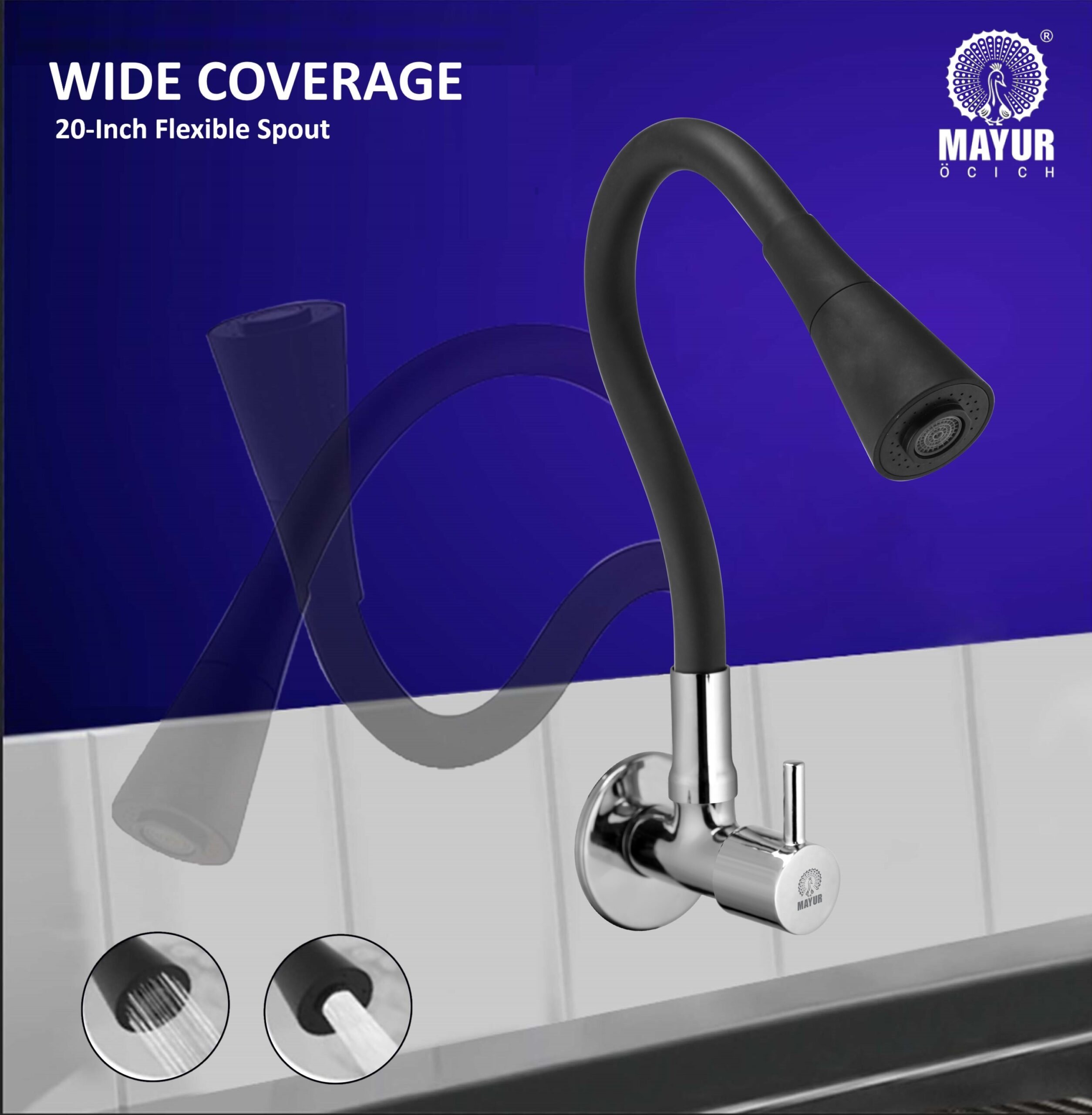 MAYUR ÖCICH Brass Kitchen Sink Tap Faucet With Flexible Dual Flow Silicone Spout | 360 Swivel | Chrome & Matte Black Finish | Cold Water Wall Mounted Faucet With Flange | 10-Year Warranty (FLARO) - Image 3