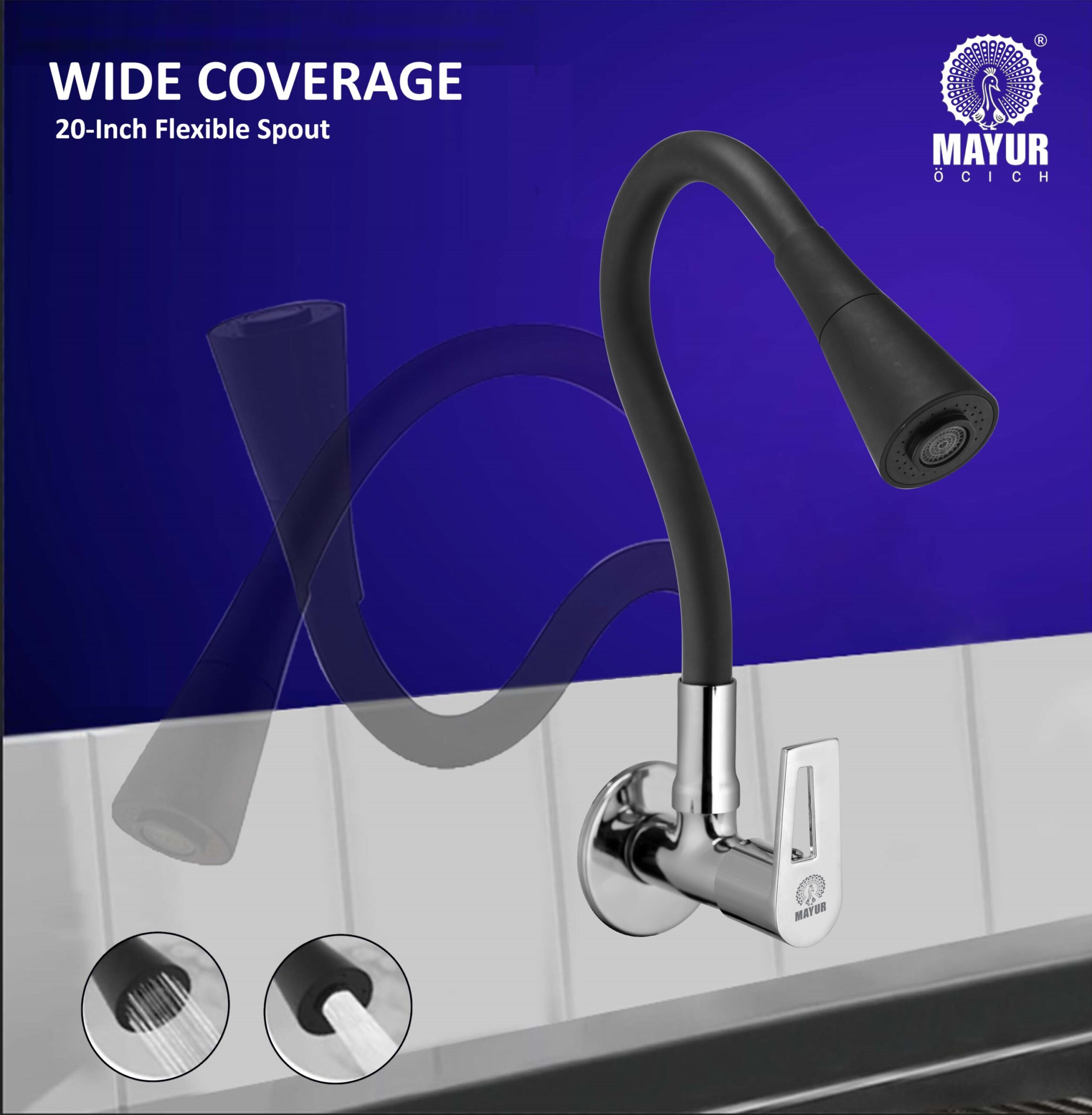 MAYUR ÖCICH Brass Kitchen Sink Tap Faucet With Flexible Dual Flow Silicone Spout | 360 Swivel | Chrome & Matte Black Finish | Cold Water Wall Mounted Faucet With Flange | 10-Year Warranty (ARIA) - Image 3