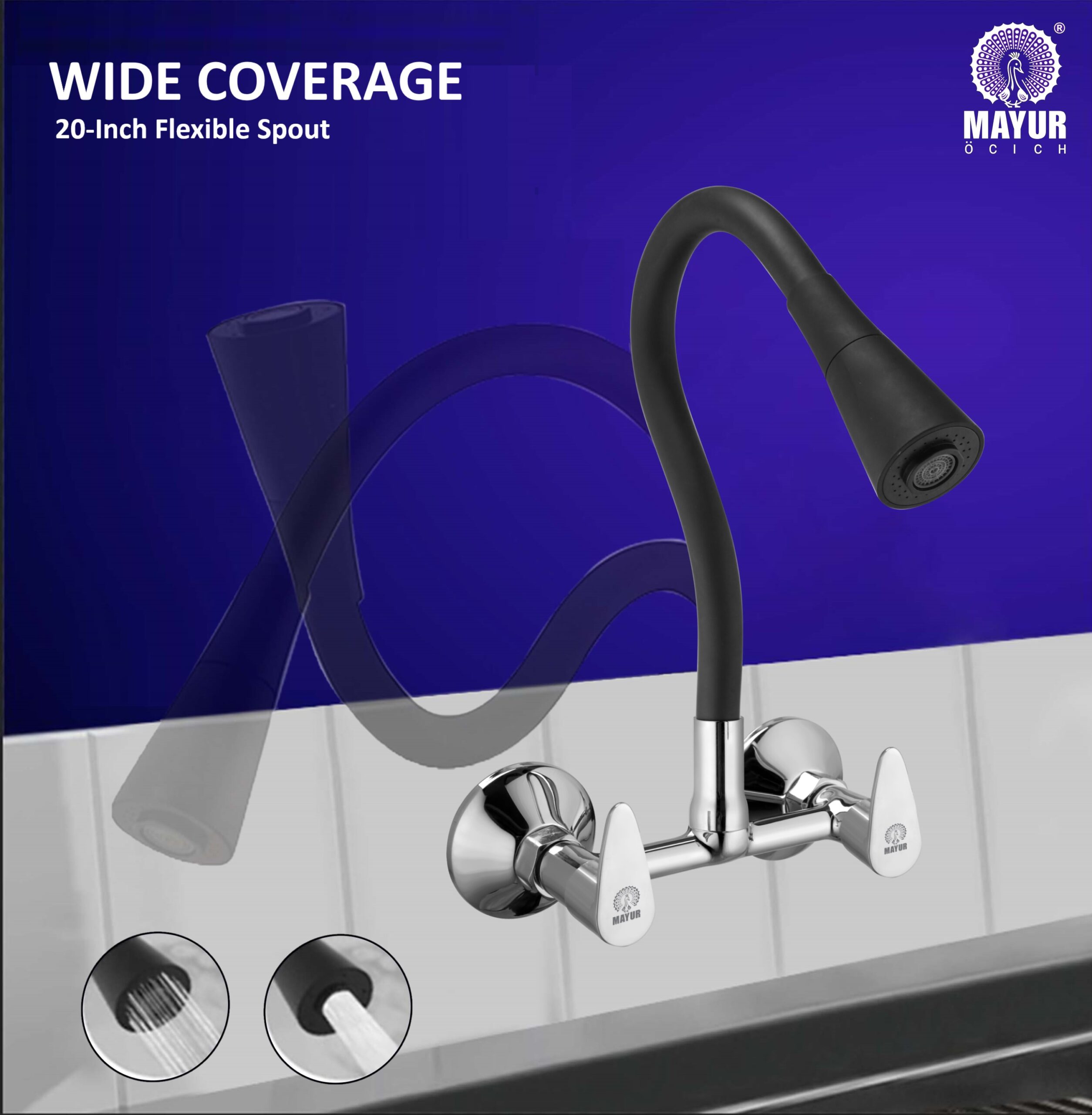 MAYUR ÖCICH Brass Kitchen Sink Mixer Tap With Flexible Dual Flow Spout | Hot & Cold Wall Mounted Faucet With 360 Swivel & Twist Function | Chrome Finish, Dual Handle, 10-Year Warranty - Image 3
