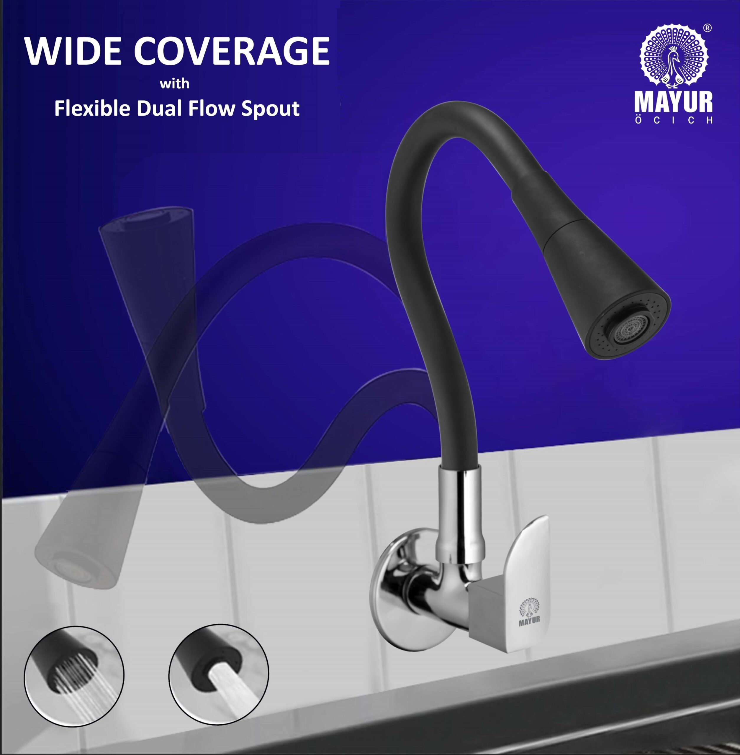MAYUR ÖCICH Brass Kitchen Sink Tap Faucet With Flexible Dual Flow Silicone Spout | 360 Swivel | Chrome & Matte Black Finish | Cold Water Wall Mounted Faucet With Flange | 10-Year Warranty (ALIVE) - Image 3