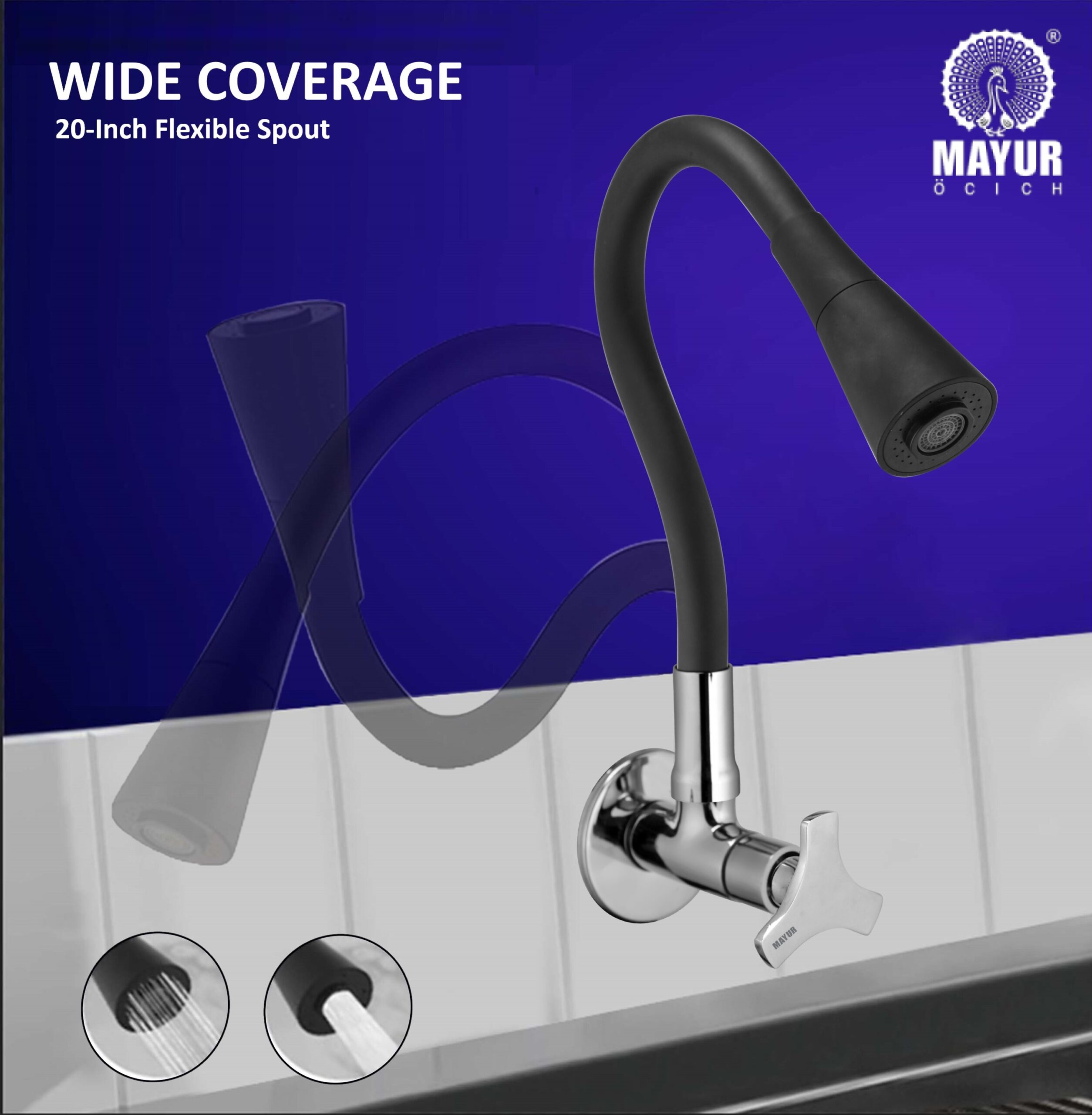 MAYUR ÖCICH Brass Kitchen Sink Tap Faucet With Flexible Dual Flow Silicone Spout | 360 Swivel | Chrome & Matte Black Finish | Cold Water Wall Mounted Faucet With Flange | 10-Year Warranty (TRIO) - Image 3