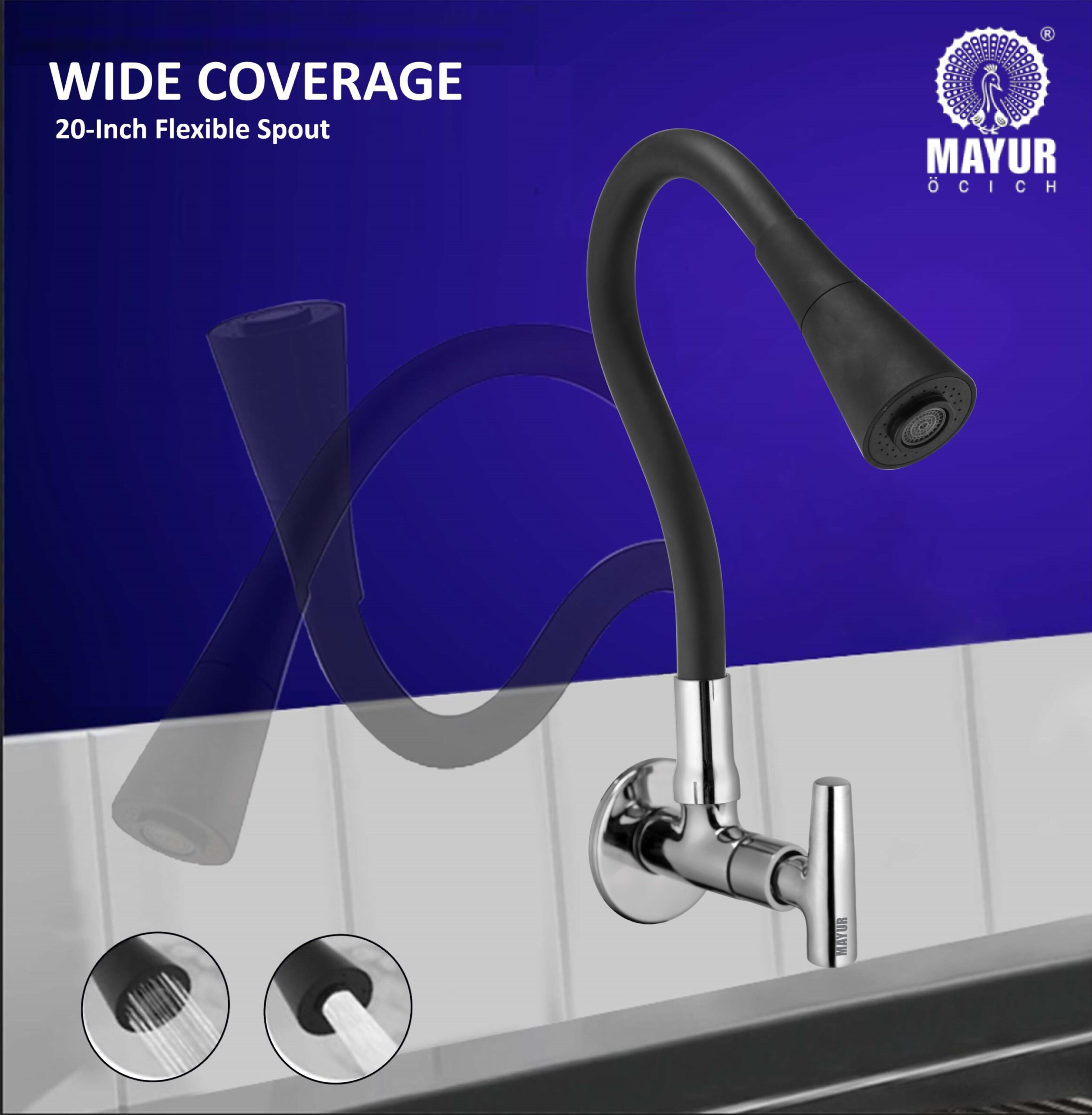 MAYUR ÖCICH Brass Kitchen Sink Tap Faucet With Flexible Dual Flow Silicone Spout | 360 Swivel | Chrome & Matte Black Finish | Cold Water Wall Mounted Faucet With Flange | 10-Year Warranty (PIPER) - Image 3