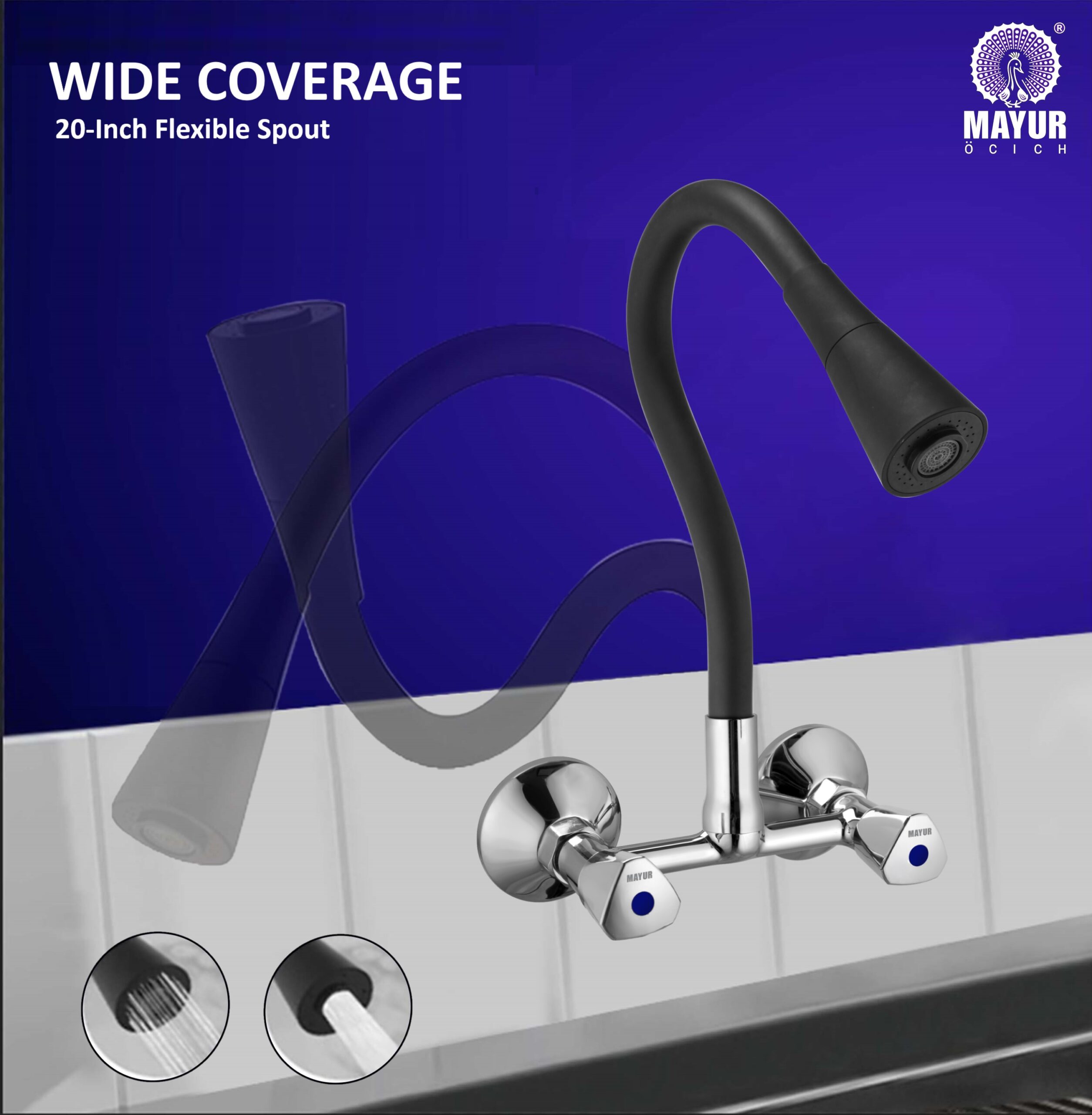 MAYUR ÖCICH Brass Kitchen Sink Mixer Tap With Flexible Dual Flow Spout | Hot & Cold Wall Mounted Faucet With 360 Swivel & Twist Function | Chrome Finish, Dual Handle, 10-Year Warranty - Image 3