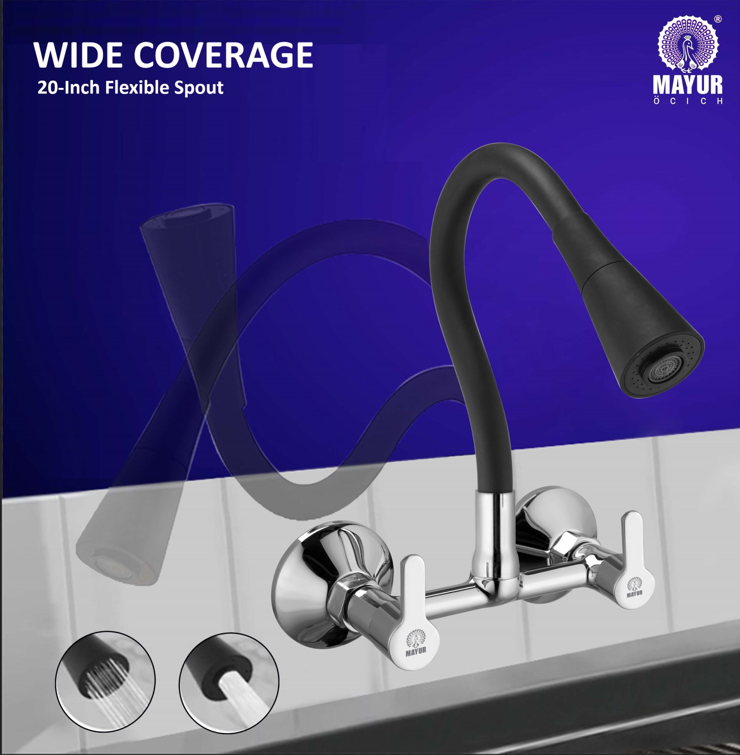 MAYUR ÖCICH Brass Kitchen Sink Mixer Tap With Flexible Dual Flow Spout | Hot & Cold Wall Mounted Faucet With 360 Swivel & Twist Function | Chrome Finish, Dual Handle, 10-Year Warranty - Image 3