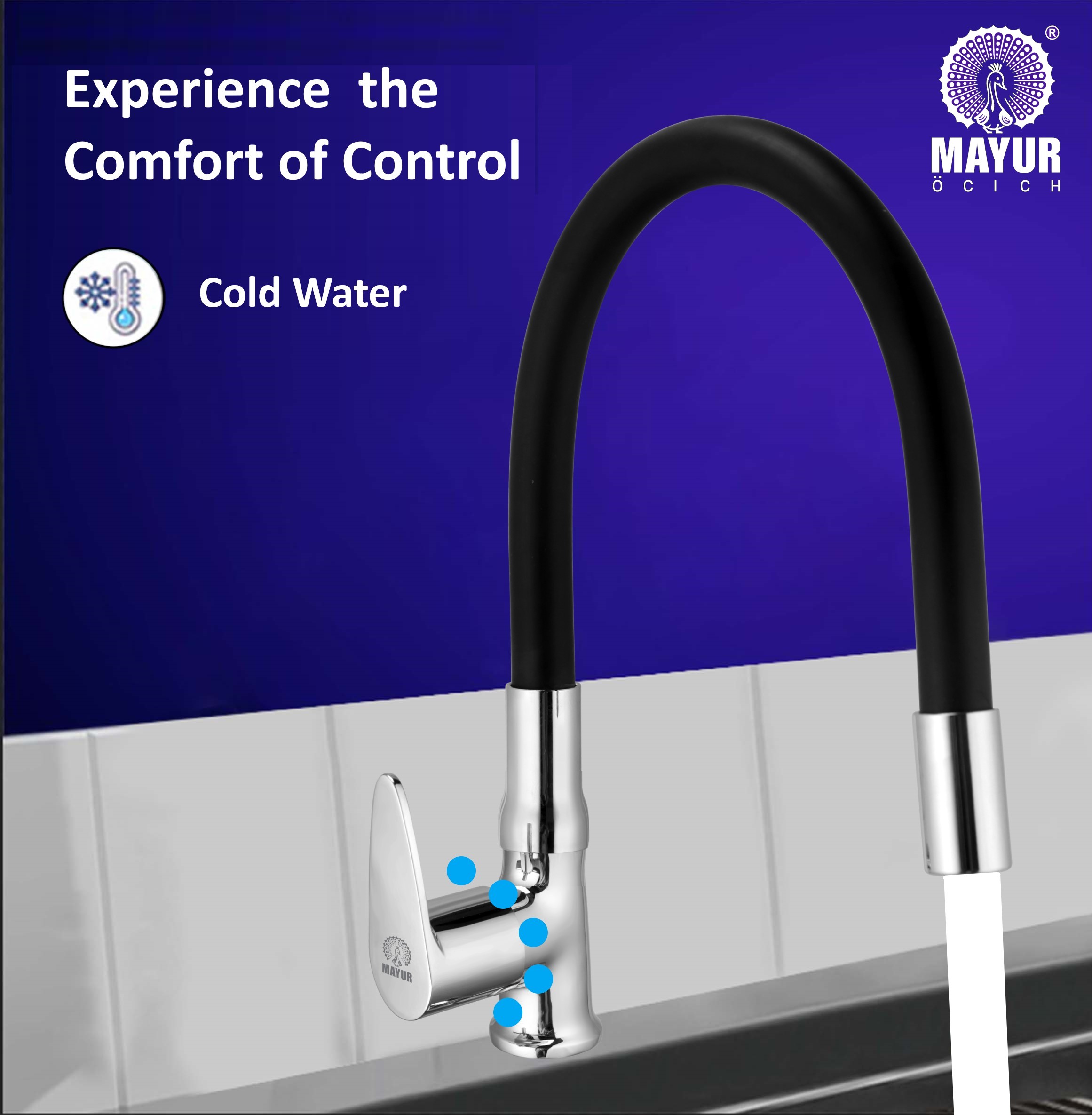 MAYUR ÖCICH Brass Swan Neck Kitchen Sink Tap With Flexible Silicone Swivel Spout | 360 Rotation | Cold Water Faucet | Chrome & Matte Black Finish | 10-Year Warranty - Image 3