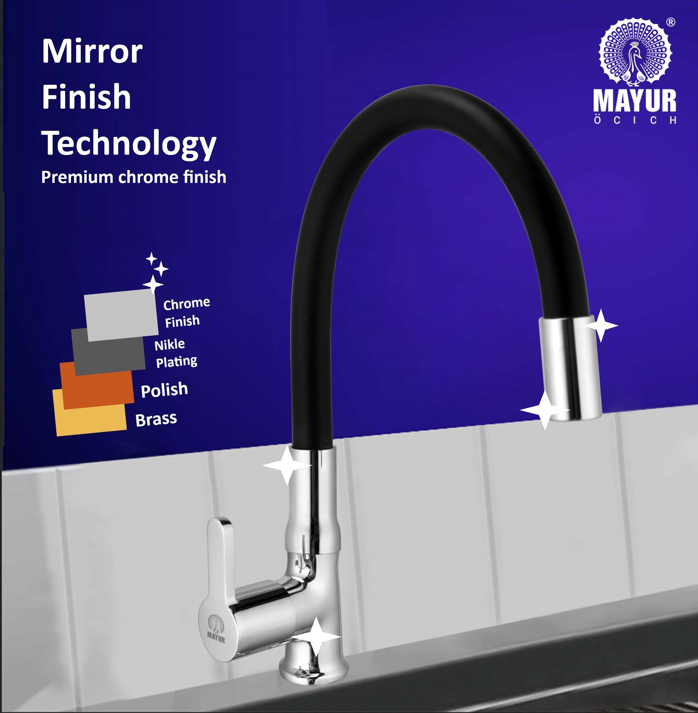 MAYUR ÖCICH Brass Swan Neck Kitchen Sink Tap With Flexible Silicone Swivel Spout | 360 Rotation | Cold Water Faucet | Chrome & Matte Black Finish | 10-Year Warranty - Image 4