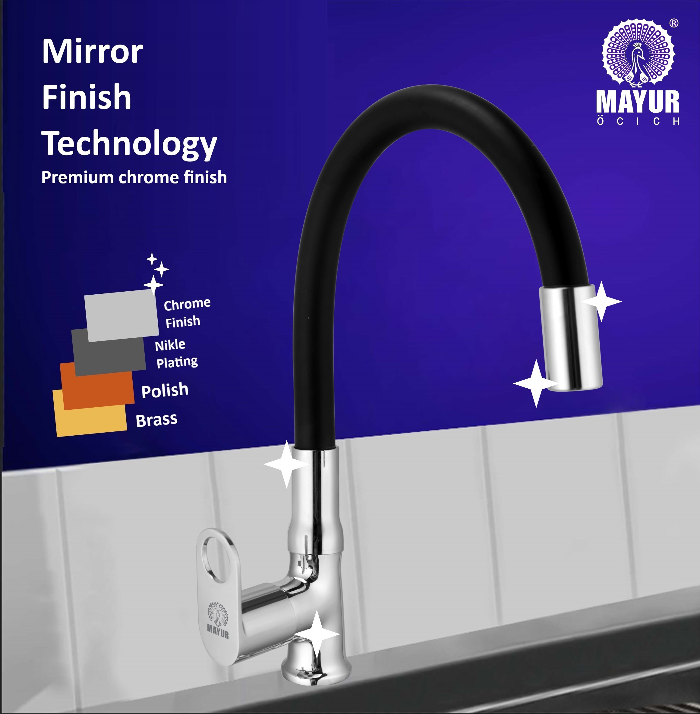 MAYUR ÖCICH Brass Swan Neck Kitchen Sink Tap With Flexible Silicone Swivel Spout | 360 Rotation | Cold Water Faucet | Chrome & Matte Black Finish | 10-Year Warranty - Image 4