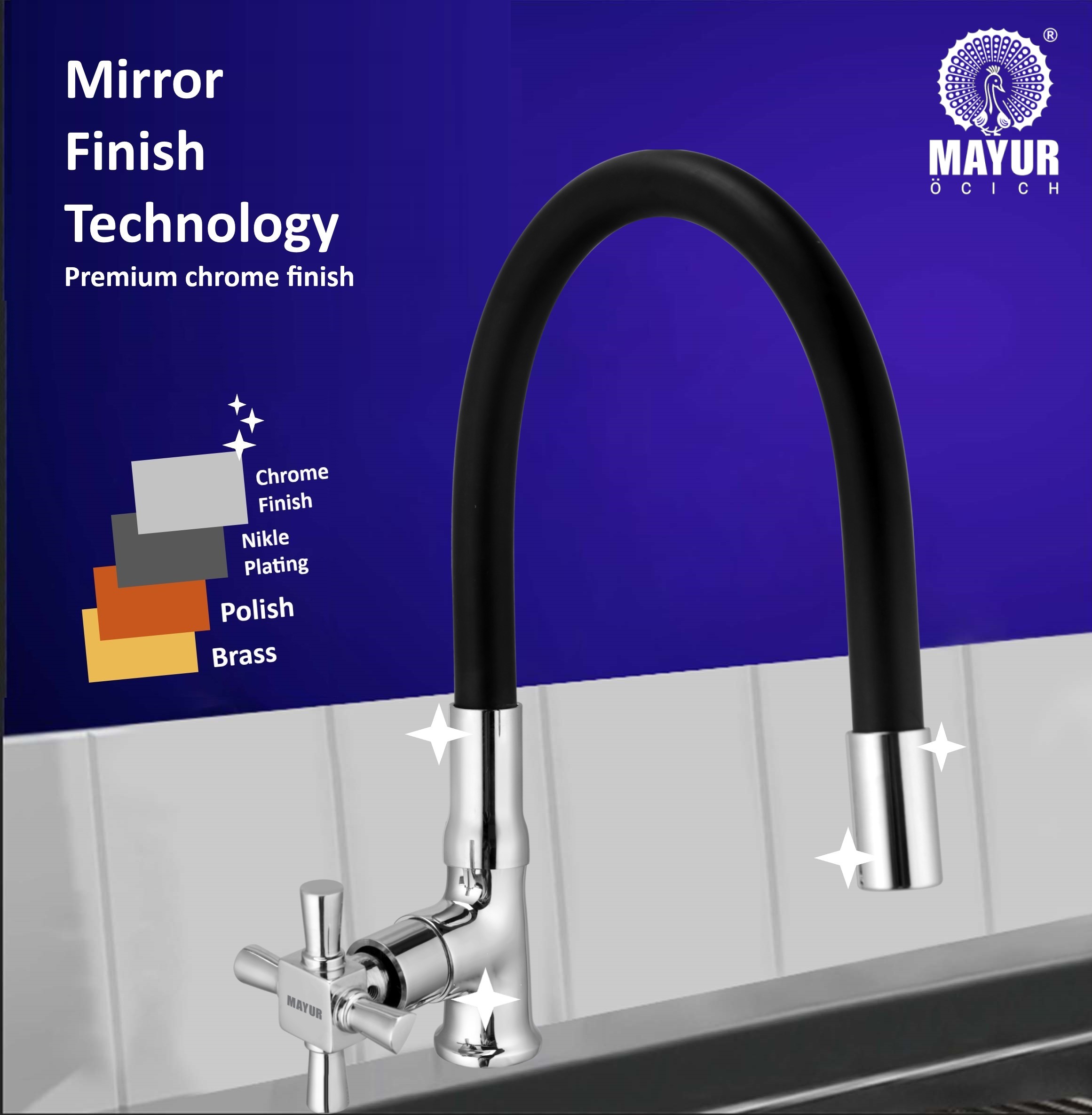 MAYUR ÖCICH Brass Swan Neck Kitchen Sink Tap With Flexible Silicone Swivel Spout | 360 Rotation | Cold Water Faucet | Chrome & Matte Black Finish | 10-Year Warranty - Image 4