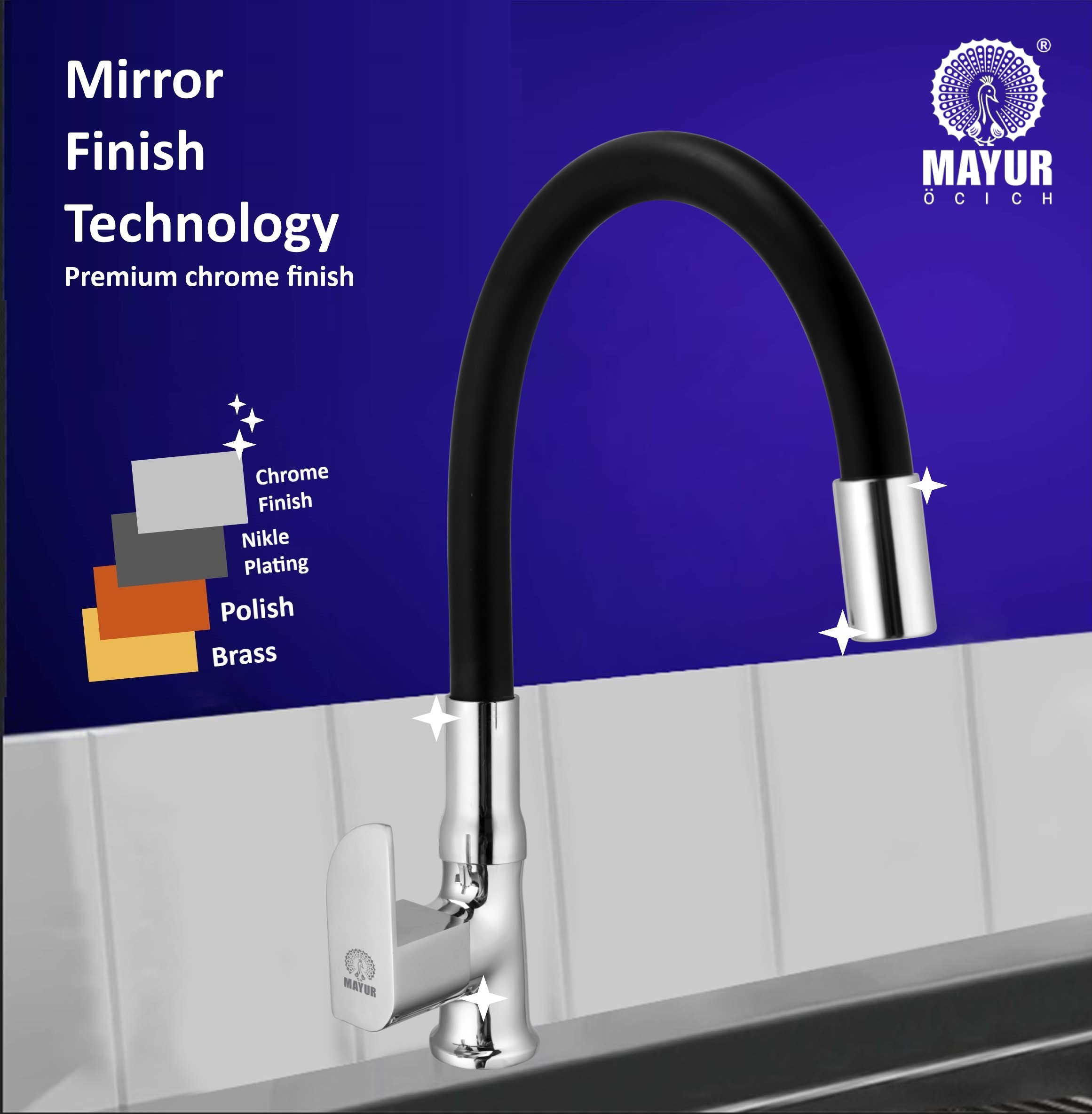 MAYUR ÖCICH Brass Swan Neck Kitchen Sink Tap With Flexible Silicone Swivel Spout | 360 Rotation | Cold Water Faucet | Chrome & Matte Black Finish | 10-Year Warranty - Image 4