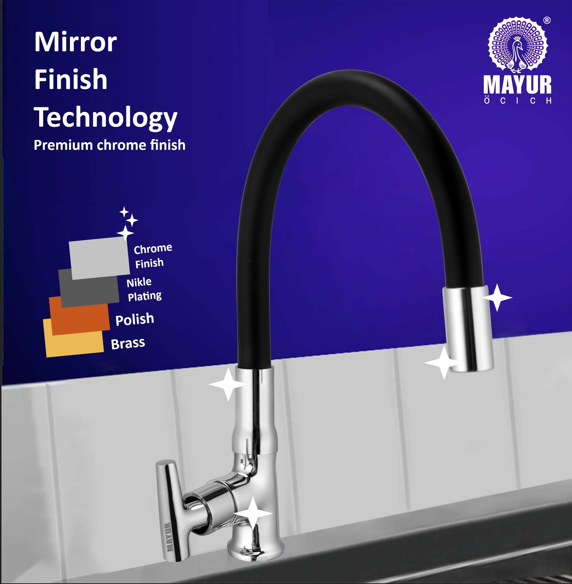 MAYUR ÖCICH Brass Swan Neck Kitchen Sink Tap With Flexible Silicone Swivel Spout | 360 Rotation | Cold Water Faucet | Chrome & Matte Black Finish | 10-Year Warranty - Image 4