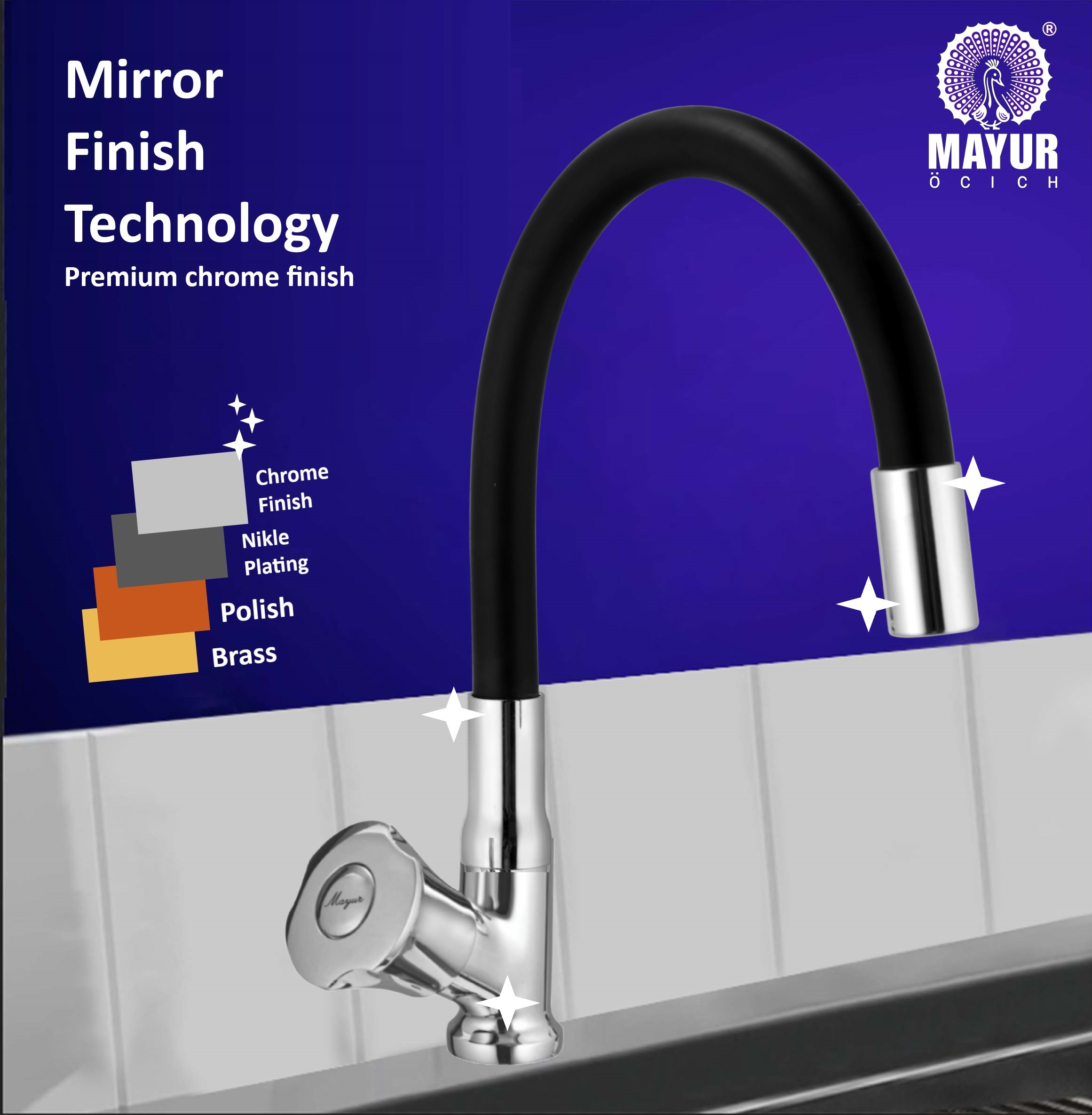 MAYUR ÖCICH Brass Swan Neck Kitchen Sink Tap With Flexible Silicone Swivel Spout | 360 Rotation | Cold Water Faucet | Chrome & Matte Black Finish | 10-Year Warranty - Image 4