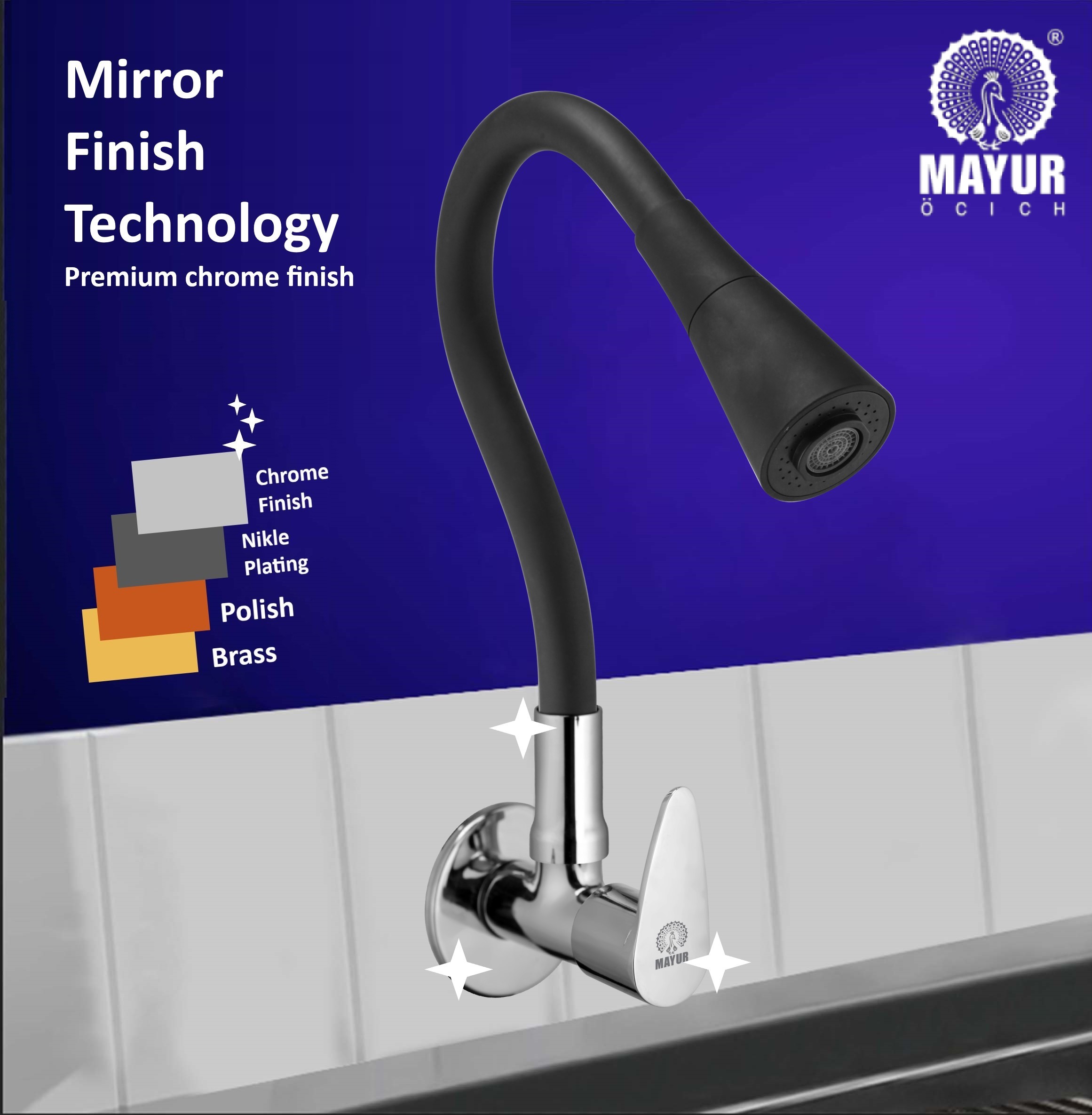 MAYUR ÖCICH Brass Kitchen Sink Tap Faucet With Flexible Dual Flow Silicone Spout | 360 Swivel | Chrome & Matte Black Finish | Cold Water Wall Mounted Faucet With Flange | 10-Year Warranty (TRENDY) - Image 4