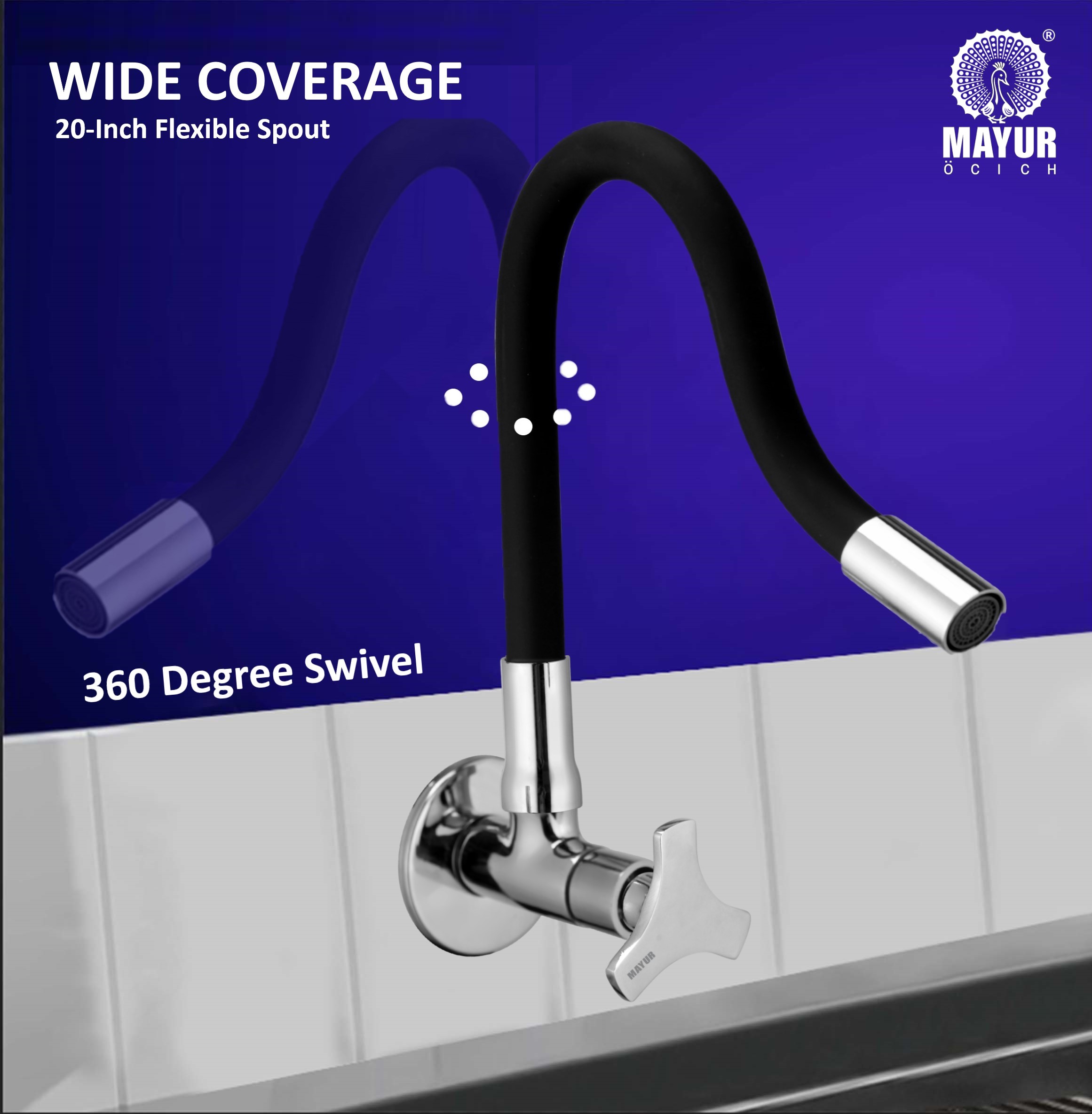 MAYUR ÖCICH Brass Kitchen Tap For Sink | Flexible Swivel Spout | Chrome & Matte Black | Cold Water Sink Cock | Premium Brass + Silicone | 10 Years Warranty (TRIO-501-Sf) - Image 4