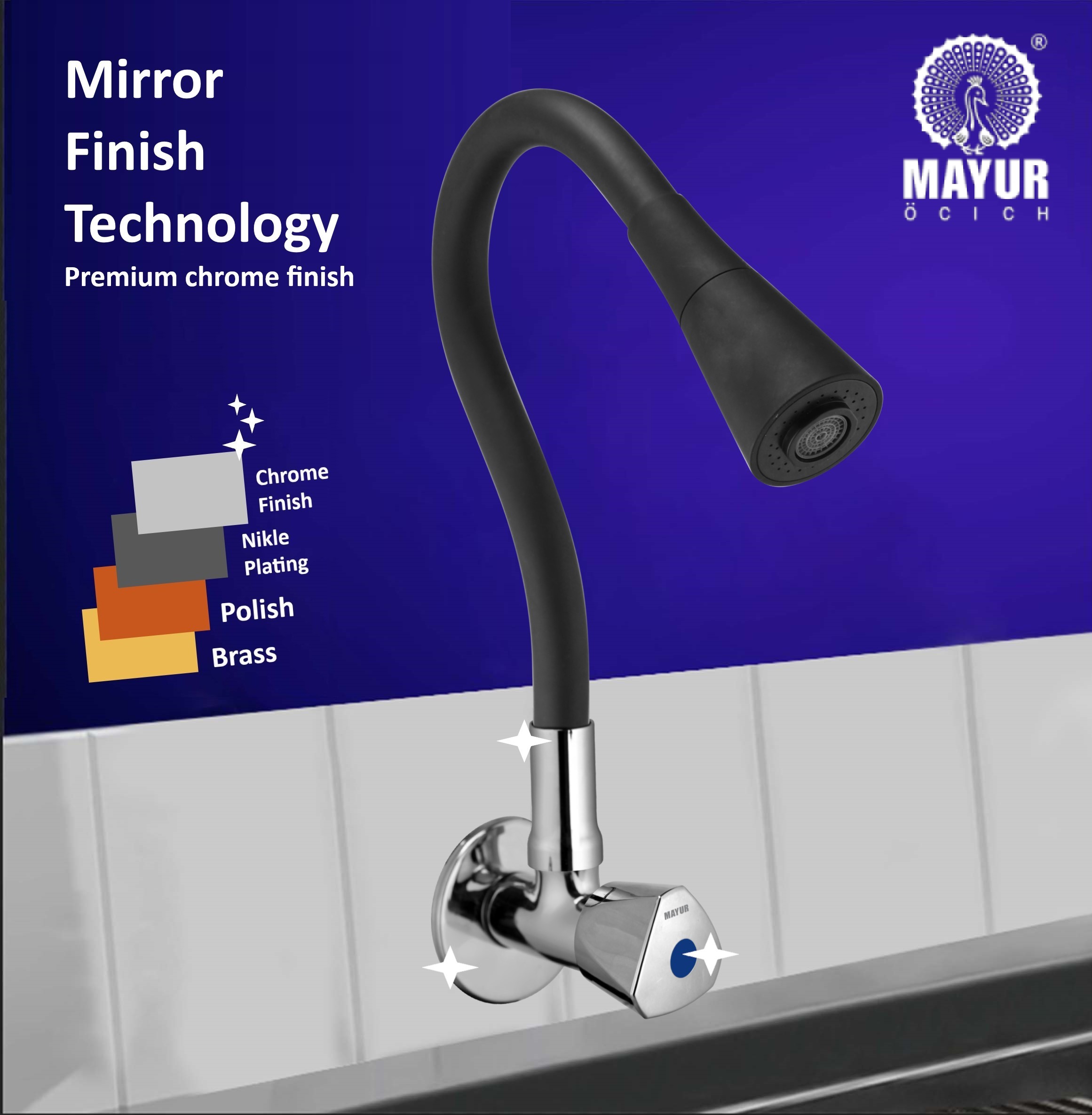MAYUR ÖCICH Brass Kitchen Sink Tap Faucet With Flexible Dual Flow Silicone Spout | 360 Swivel | Chrome & Matte Black Finish | Cold Water Wall Mounted Faucet With Flange | 10-Year Warranty (TRI) - Image 4
