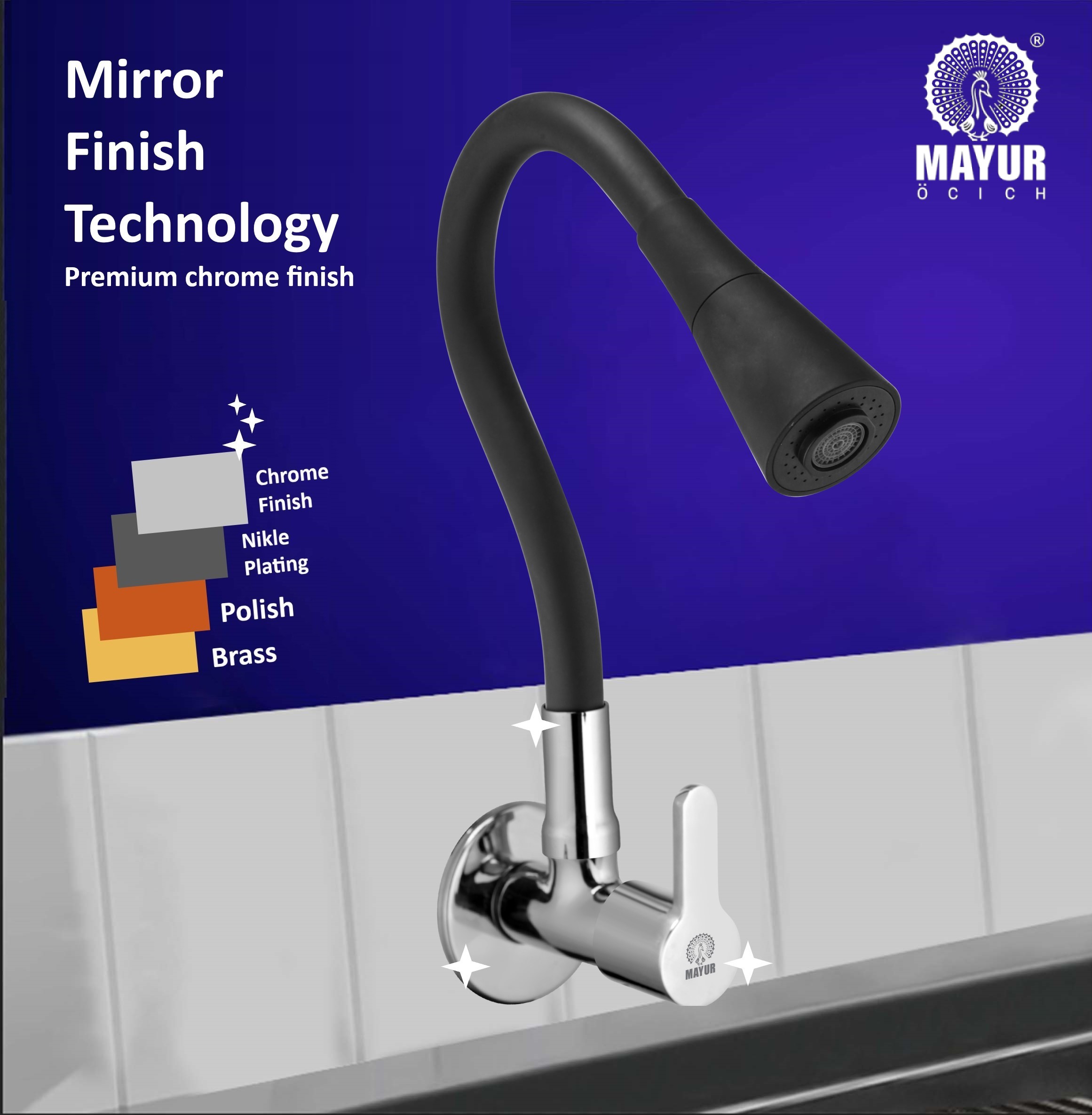 MAYUR ÖCICH Brass Kitchen Sink Tap Faucet With Flexible Dual Flow Silicone Spout | 360 Swivel | Chrome & Matte Black Finish | Cold Water Wall Mounted Faucet With Flange | 10-Year Warranty (FUSION) - Image 4