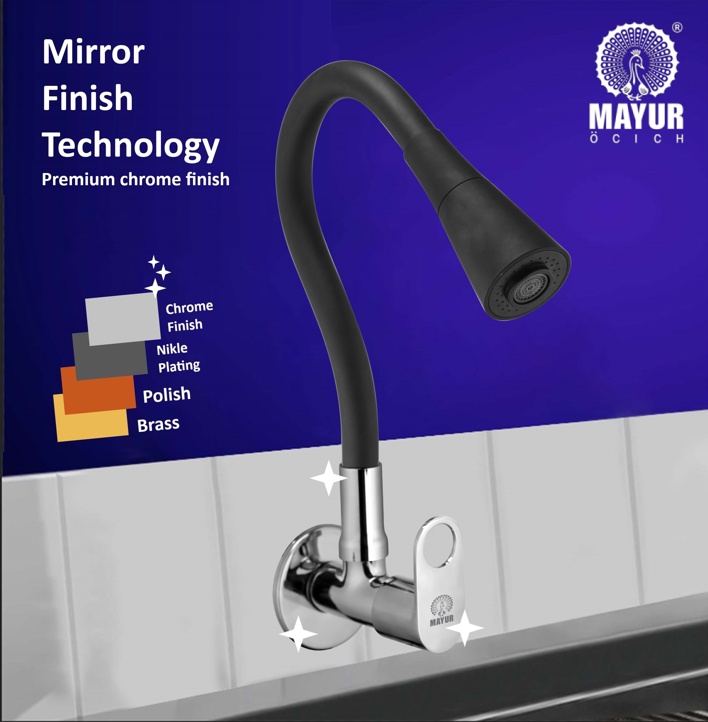 MAYUR ÖCICH Brass Kitchen Sink Tap Faucet With Flexible Dual Flow Silicone Spout | 360 Swivel | Chrome & Matte Black Finish | Cold Water Wall Mounted Faucet With Flange | 10-Year Warranty (ORNIX) - Image 4