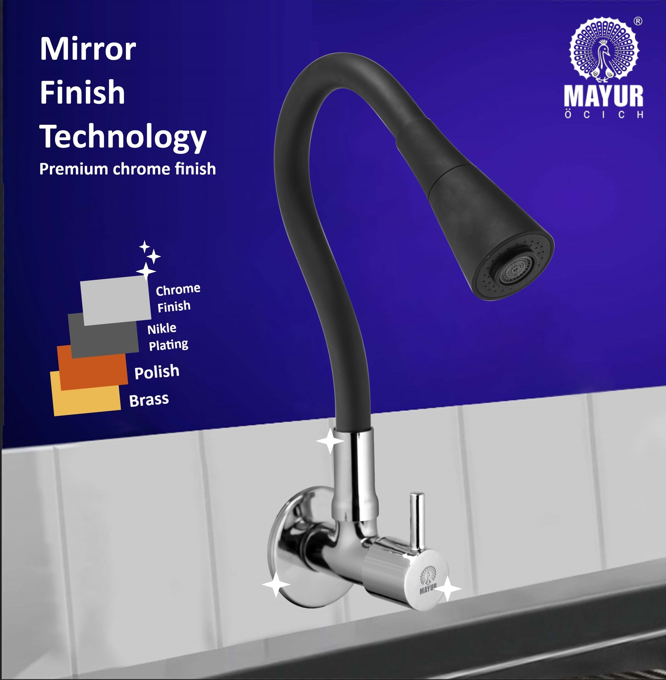 MAYUR ÖCICH Brass Kitchen Sink Tap Faucet With Flexible Dual Flow Silicone Spout | 360 Swivel | Chrome & Matte Black Finish | Cold Water Wall Mounted Faucet With Flange | 10-Year Warranty (FLARO) - Image 4