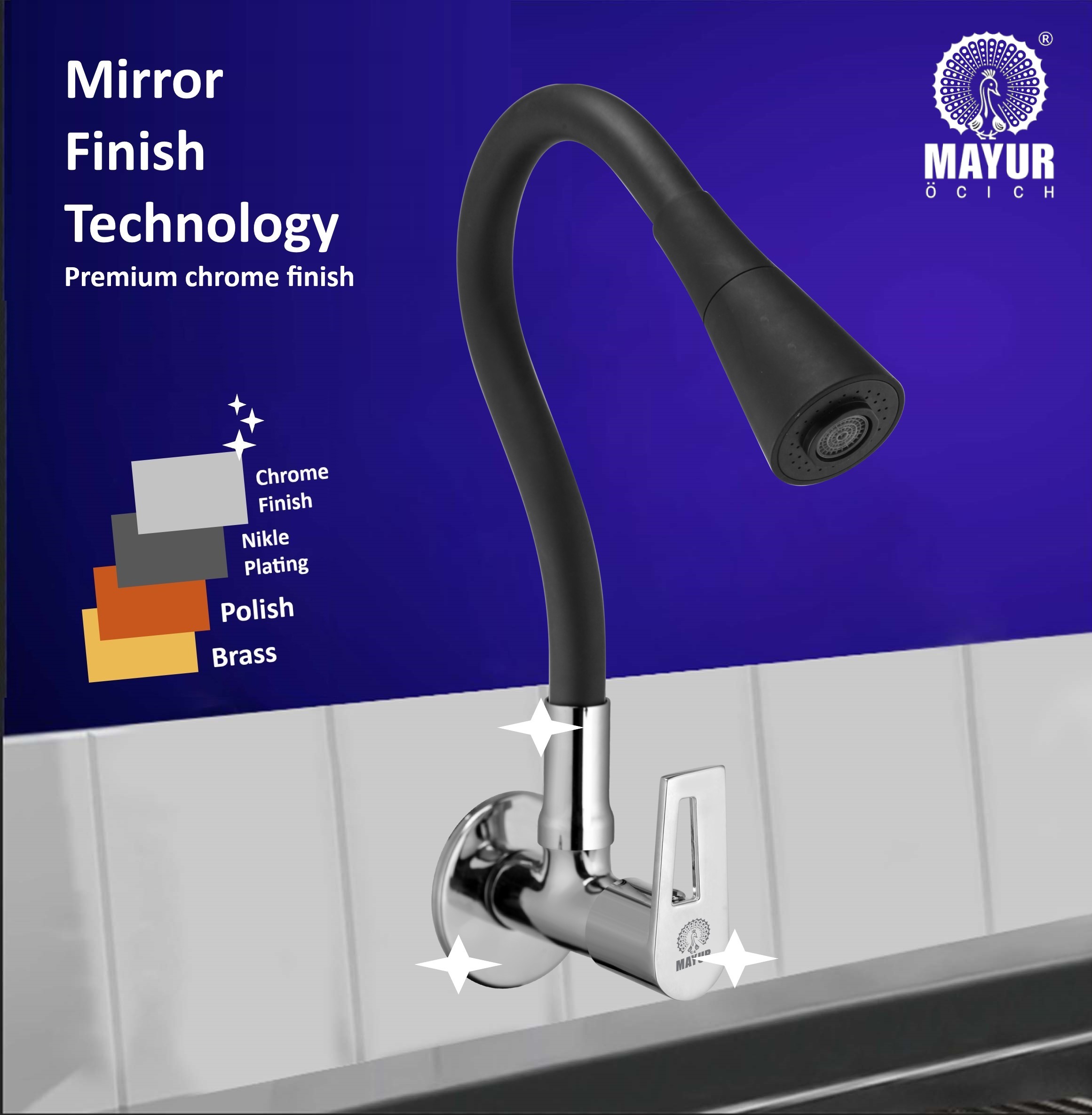 MAYUR ÖCICH Brass Kitchen Sink Tap Faucet With Flexible Dual Flow Silicone Spout | 360 Swivel | Chrome & Matte Black Finish | Cold Water Wall Mounted Faucet With Flange | 10-Year Warranty (ARIA) - Image 4