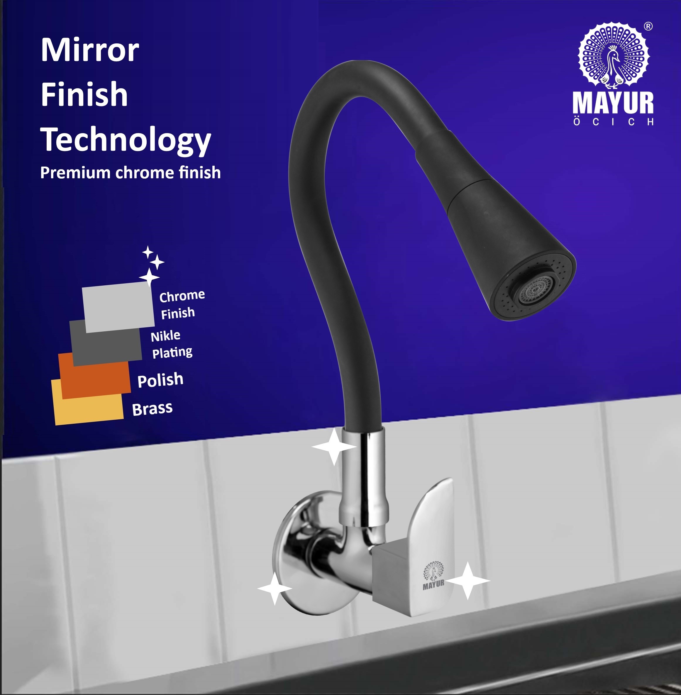 MAYUR ÖCICH Brass Kitchen Sink Tap Faucet With Flexible Dual Flow Silicone Spout | 360 Swivel | Chrome & Matte Black Finish | Cold Water Wall Mounted Faucet With Flange | 10-Year Warranty (ALIVE) - Image 4