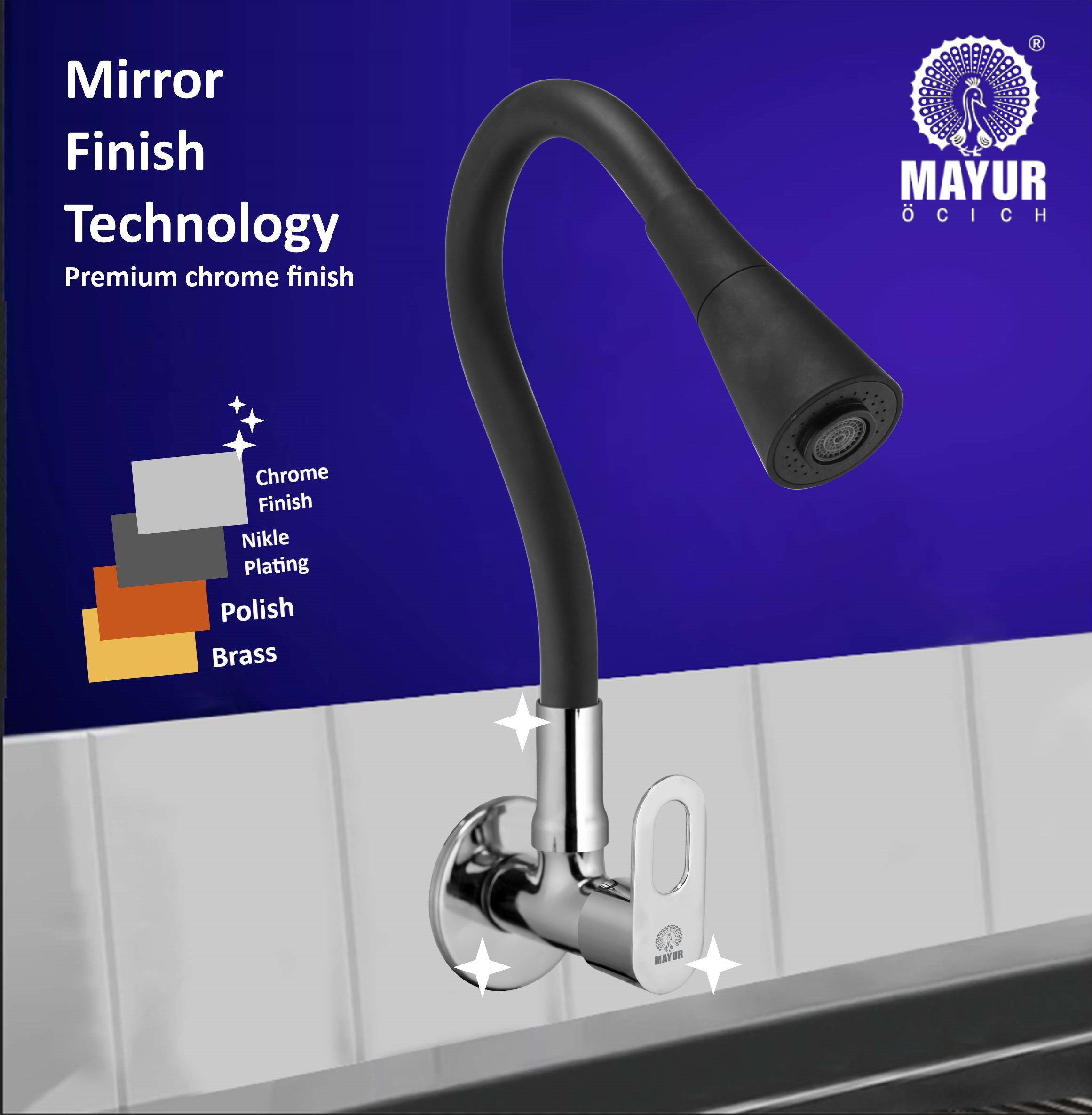 MAYUR ÖCICH Brass Kitchen Sink Tap Faucet With Flexible Dual Flow Silicone Spout | 360 Swivel | Chrome & Matte Black Finish | Cold Water Wall Mounted Faucet With Flange | 10-Year Warranty (MILANO) - Image 4