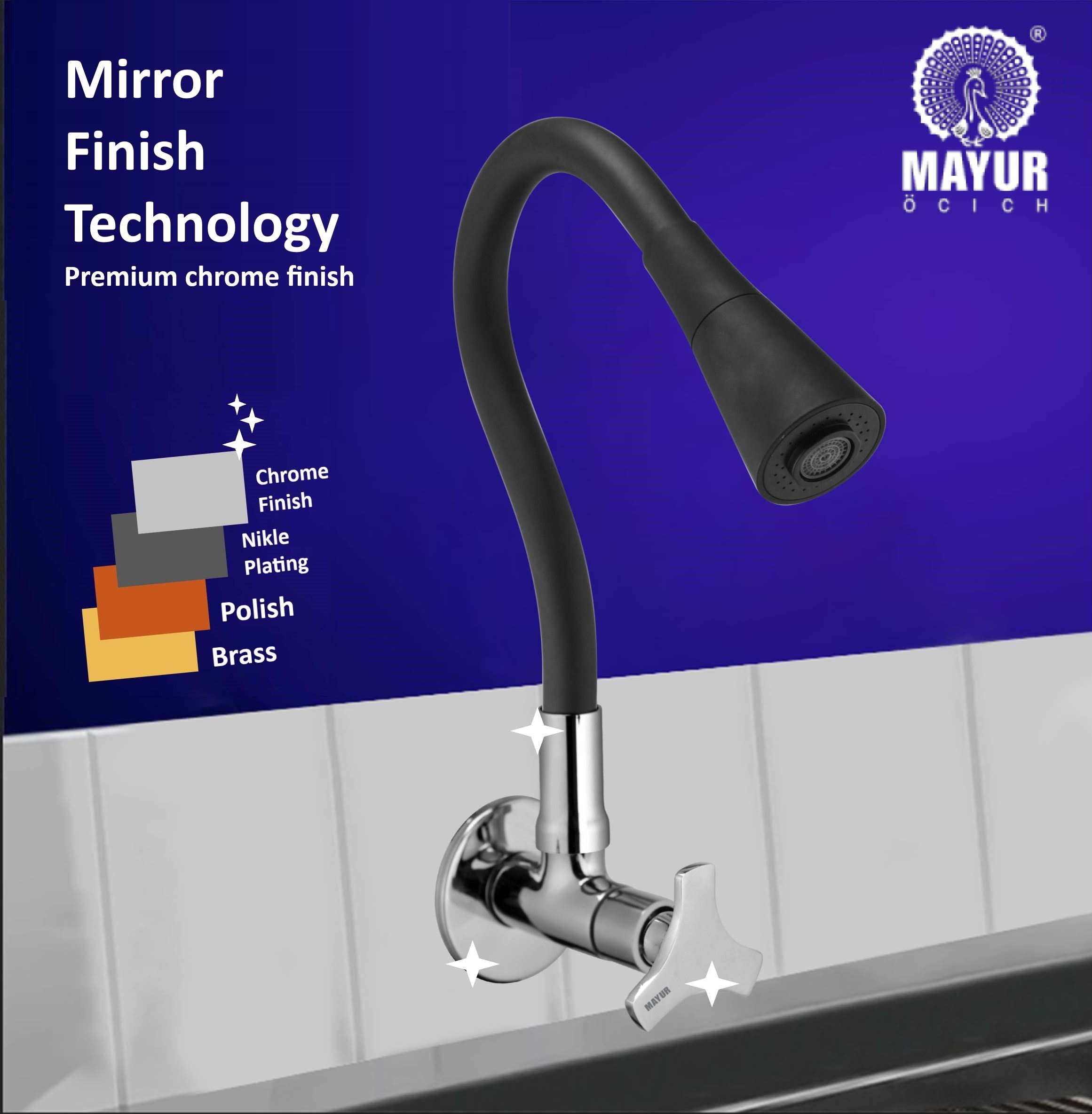 MAYUR ÖCICH Brass Kitchen Sink Tap Faucet With Flexible Dual Flow Silicone Spout | 360 Swivel | Chrome & Matte Black Finish | Cold Water Wall Mounted Faucet With Flange | 10-Year Warranty (TRIO) - Image 4