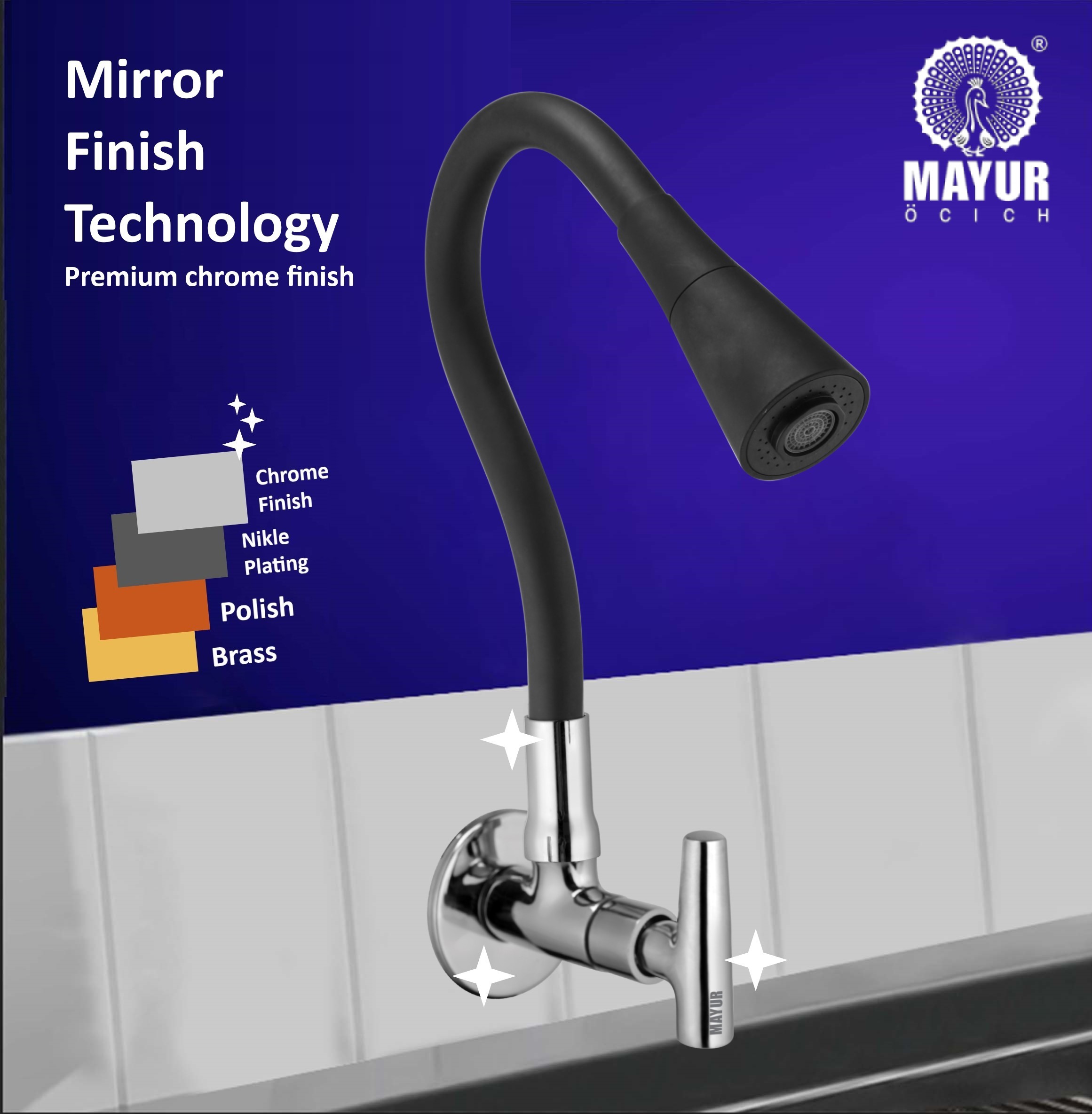 MAYUR ÖCICH Brass Kitchen Sink Tap Faucet With Flexible Dual Flow Silicone Spout | 360 Swivel | Chrome & Matte Black Finish | Cold Water Wall Mounted Faucet With Flange | 10-Year Warranty (PIPER) - Image 4