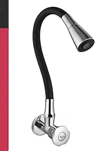 MAYUR ÖCICH Brass Kitchen Sink Tap Faucet With Flexible Dual Flow Silicone Spout | 360 Swivel | Chrome & Matte Black Finish | Cold Water Wall Mounted Faucet With Flange | 10-Year Warranty (SLEEK)
