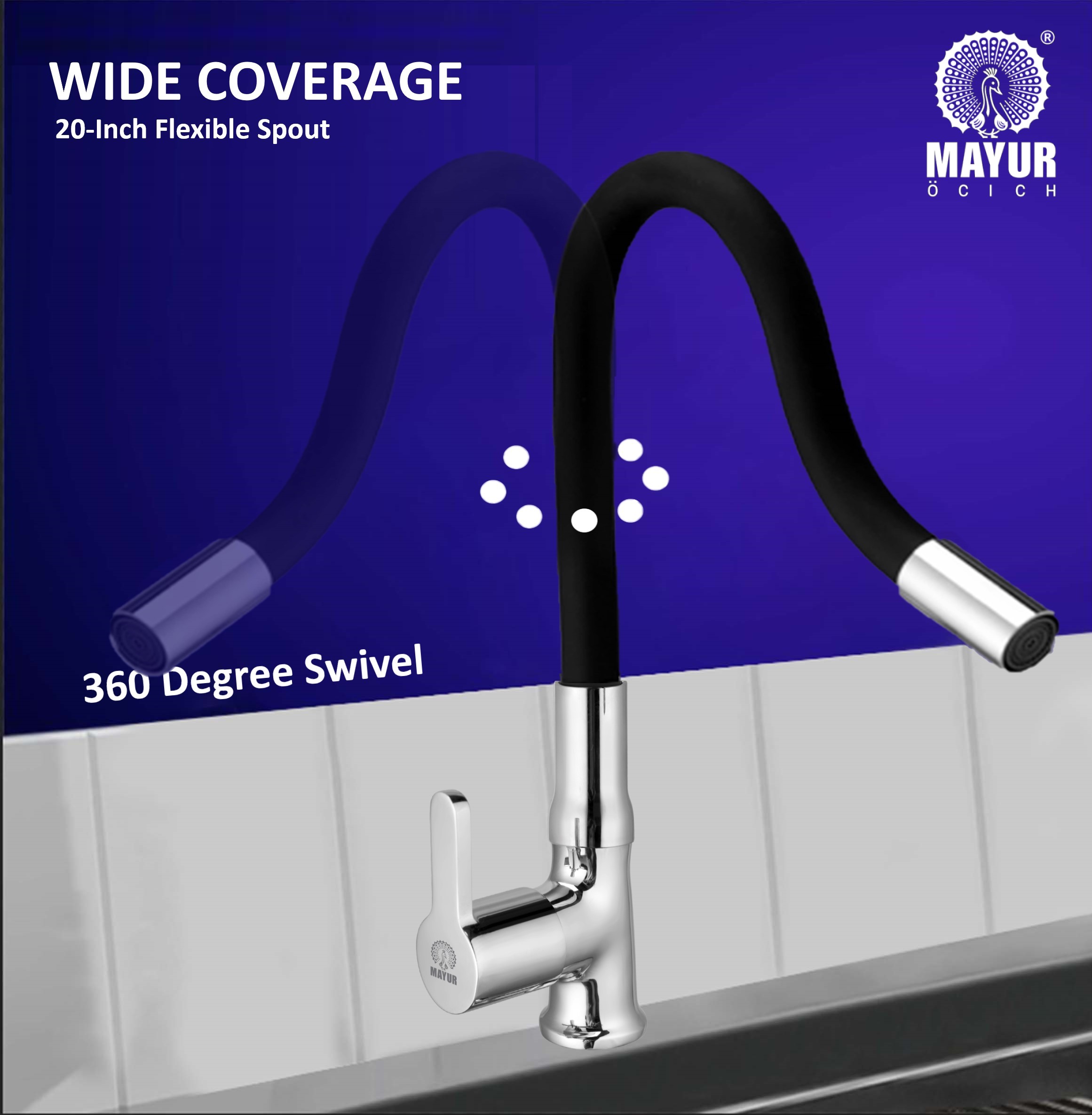 MAYUR ÖCICH Brass Swan Neck Kitchen Sink Tap With Flexible Silicone Swivel Spout | 360 Rotation | Cold Water Faucet | Chrome & Matte Black Finish | 10-Year Warranty - Image 5