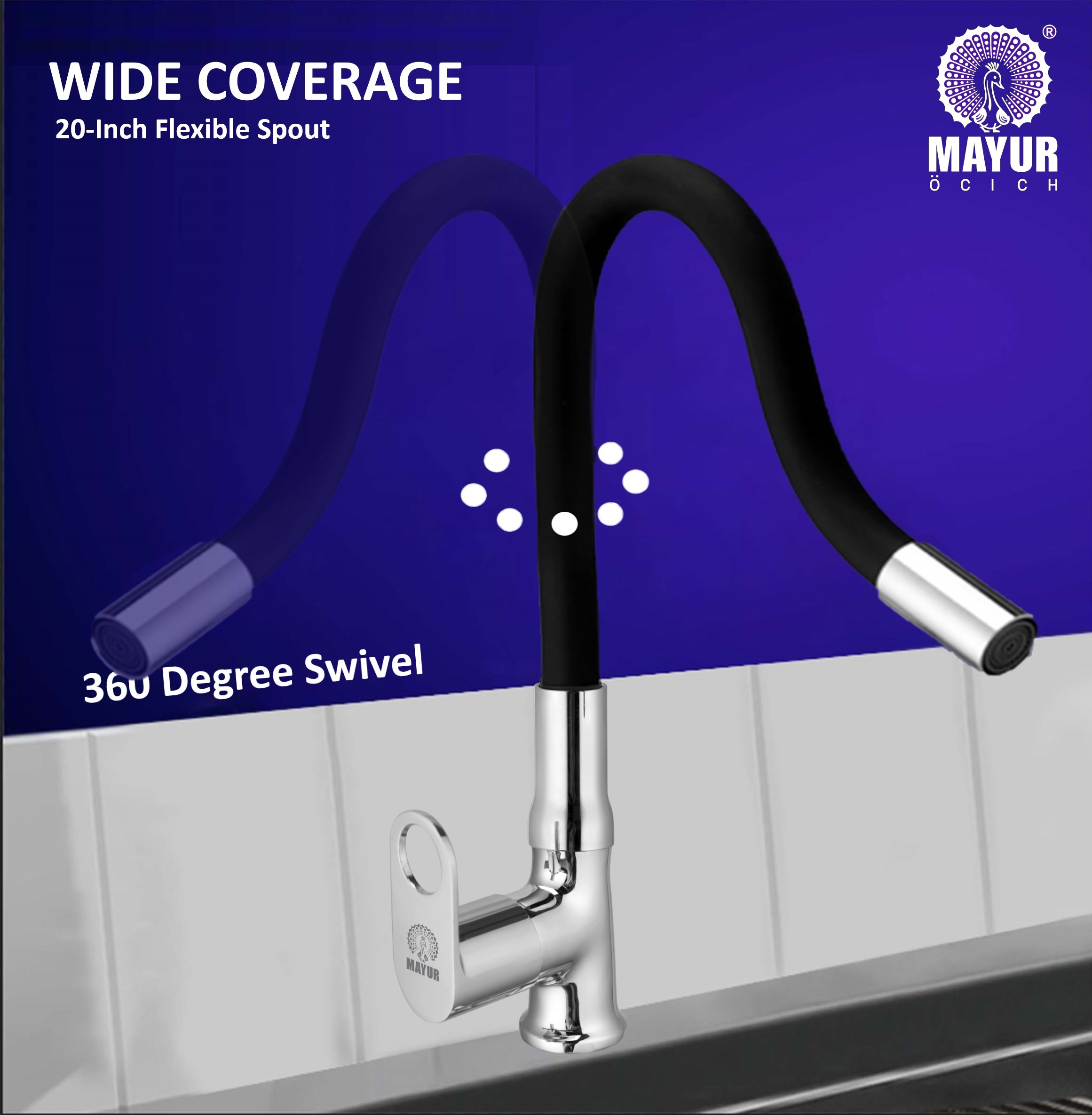 MAYUR ÖCICH Brass Swan Neck Kitchen Sink Tap With Flexible Silicone Swivel Spout | 360 Rotation | Cold Water Faucet | Chrome & Matte Black Finish | 10-Year Warranty - Image 5