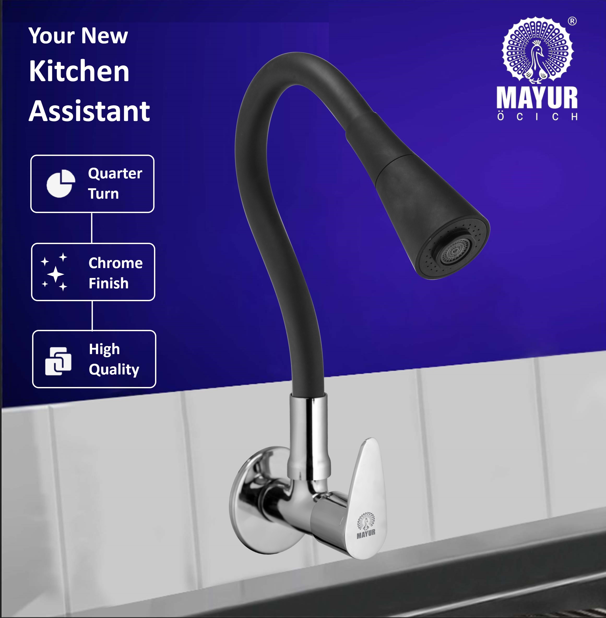 MAYUR ÖCICH Brass Kitchen Sink Tap Faucet With Flexible Dual Flow Silicone Spout | 360 Swivel | Chrome & Matte Black Finish | Cold Water Wall Mounted Faucet With Flange | 10-Year Warranty (TRENDY) - Image 5