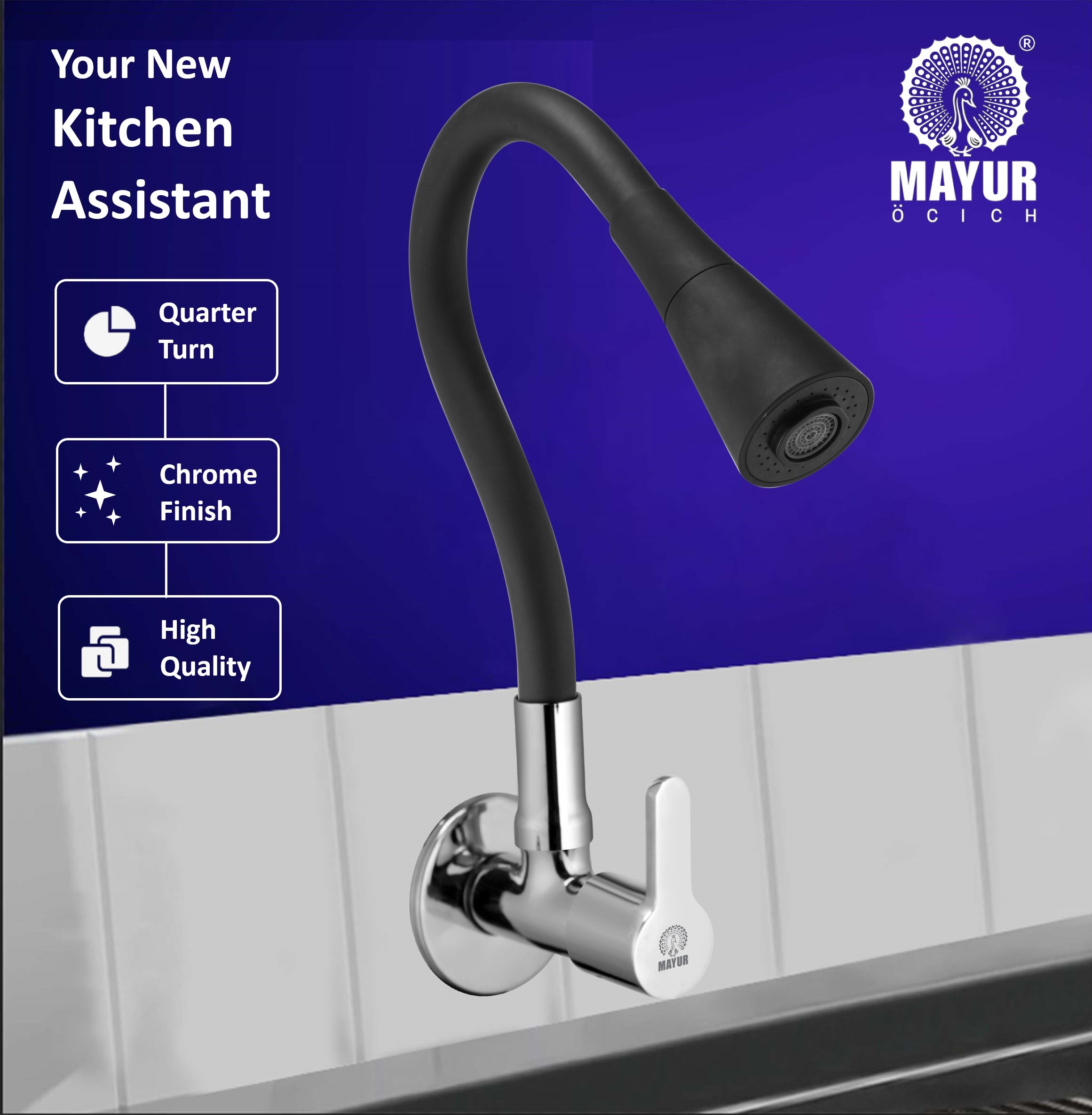 MAYUR ÖCICH Brass Kitchen Sink Tap Faucet With Flexible Dual Flow Silicone Spout | 360 Swivel | Chrome & Matte Black Finish | Cold Water Wall Mounted Faucet With Flange | 10-Year Warranty (FUSION) - Image 5