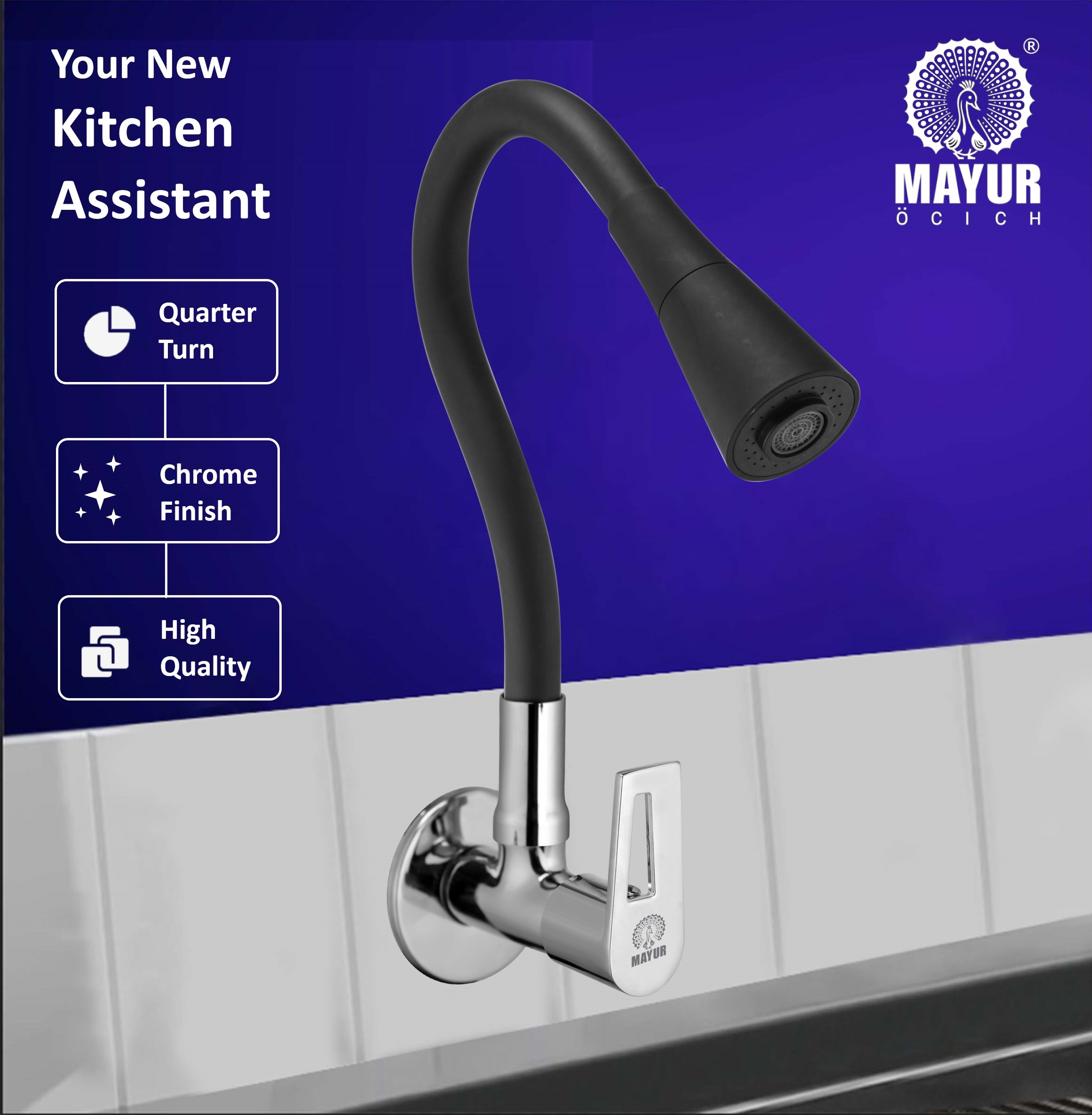 MAYUR ÖCICH Brass Kitchen Sink Tap Faucet With Flexible Dual Flow Silicone Spout | 360 Swivel | Chrome & Matte Black Finish | Cold Water Wall Mounted Faucet With Flange | 10-Year Warranty (ARIA) - Image 5
