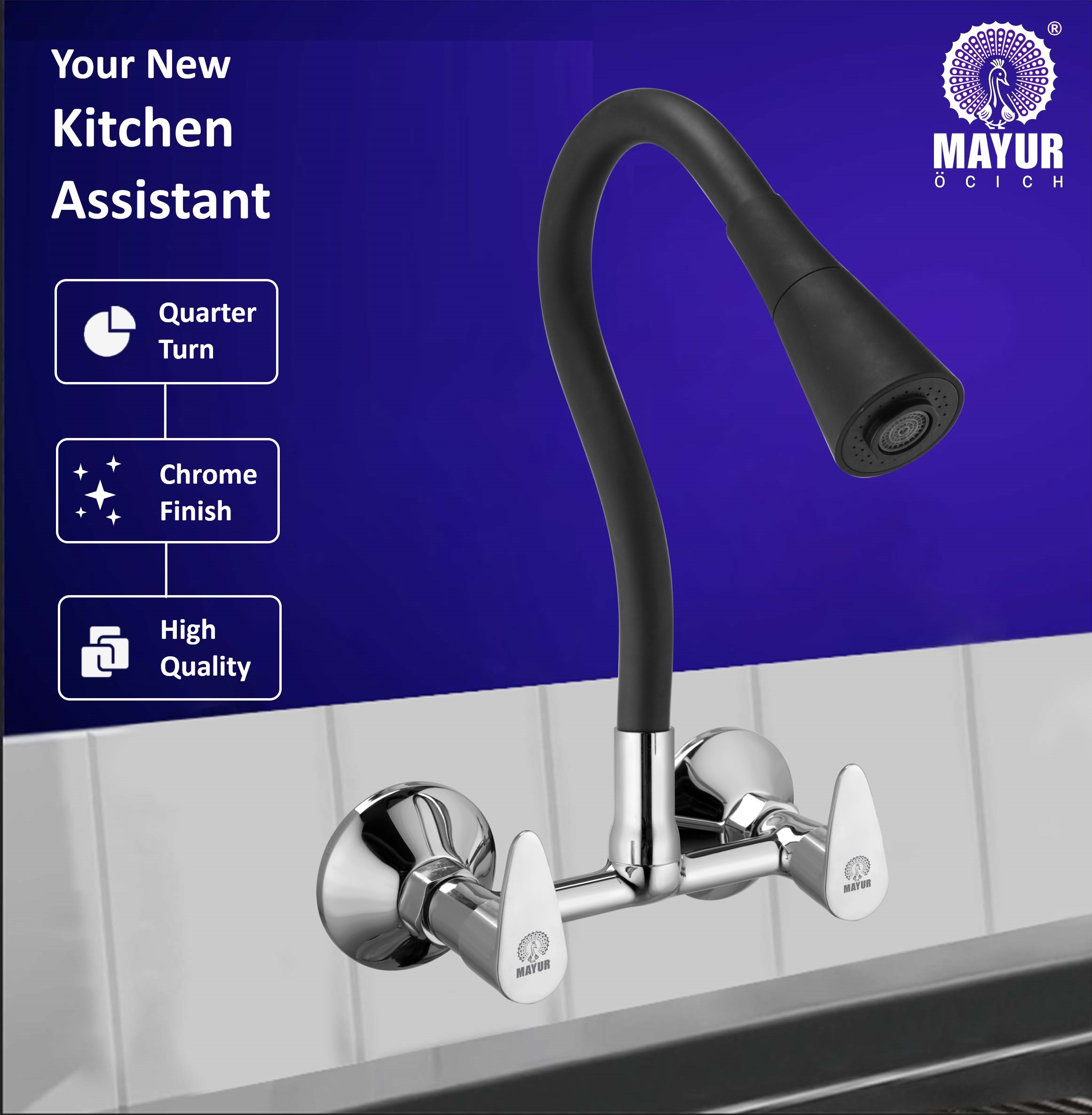 MAYUR ÖCICH Brass Kitchen Sink Mixer Tap With Flexible Dual Flow Spout | Hot & Cold Wall Mounted Faucet With 360 Swivel & Twist Function | Chrome Finish, Dual Handle, 10-Year Warranty - Image 5
