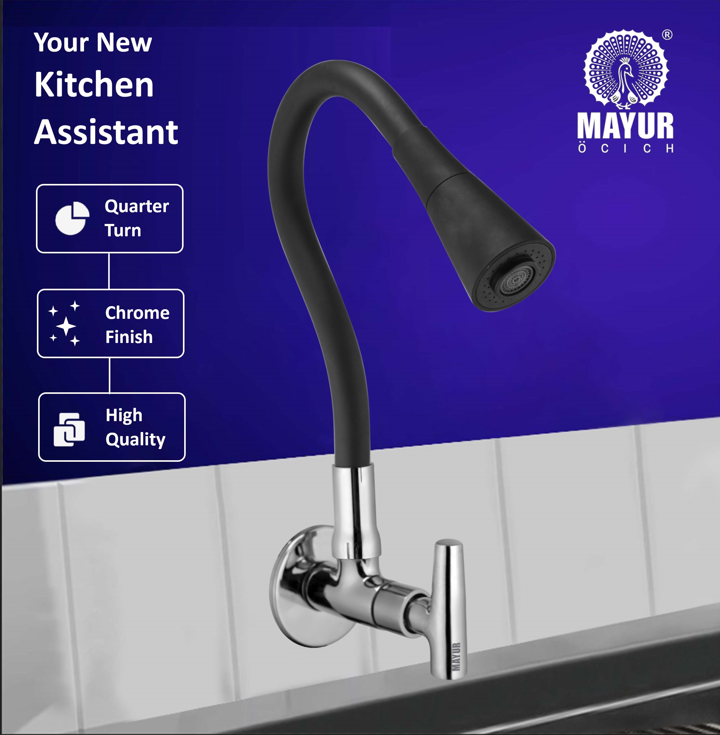 MAYUR ÖCICH Brass Kitchen Sink Tap Faucet With Flexible Dual Flow Silicone Spout | 360 Swivel | Chrome & Matte Black Finish | Cold Water Wall Mounted Faucet With Flange | 10-Year Warranty (PIPER) - Image 5