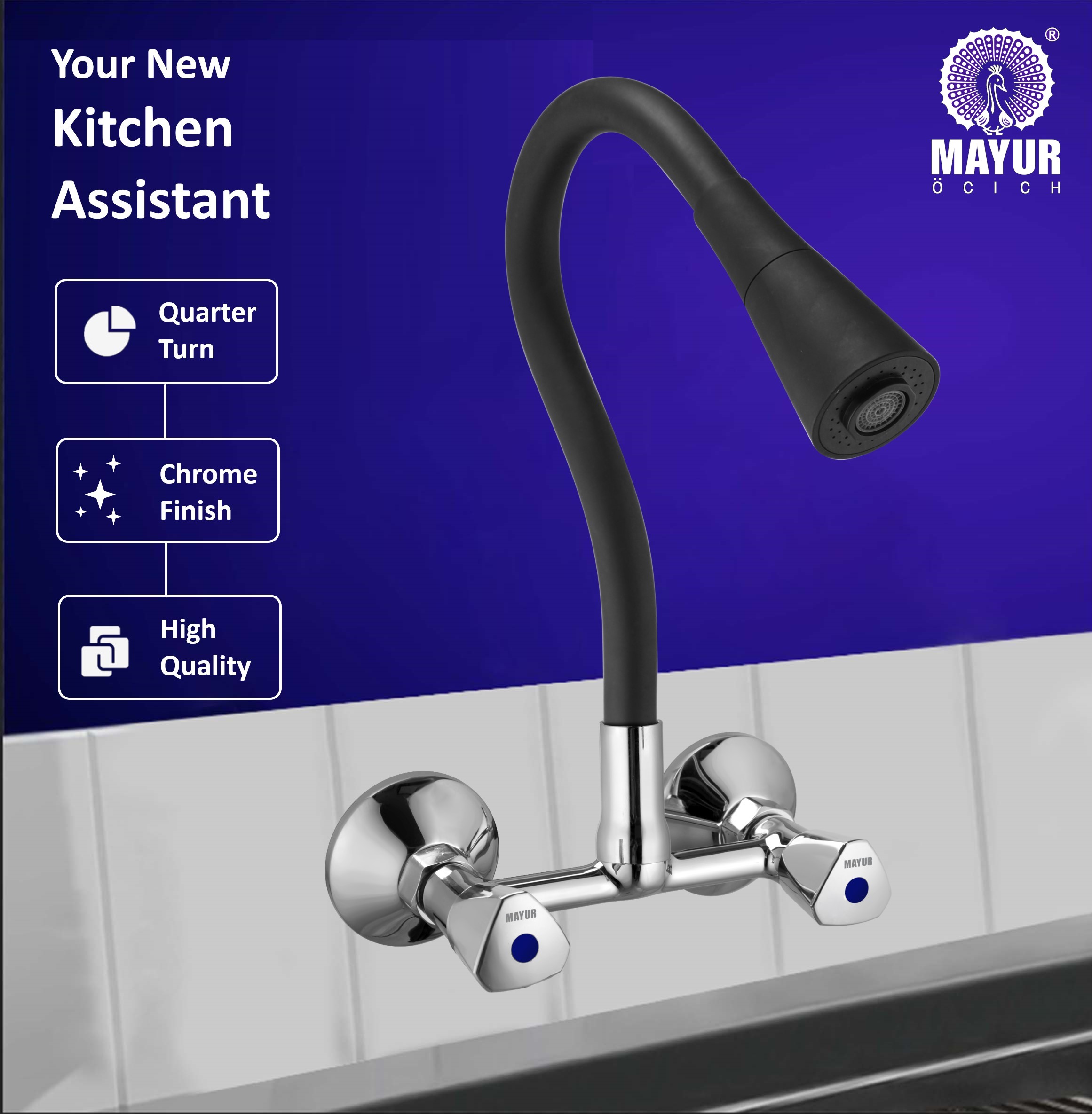 MAYUR ÖCICH Brass Kitchen Sink Mixer Tap With Flexible Dual Flow Spout | Hot & Cold Wall Mounted Faucet With 360 Swivel & Twist Function | Chrome Finish, Dual Handle, 10-Year Warranty - Image 5