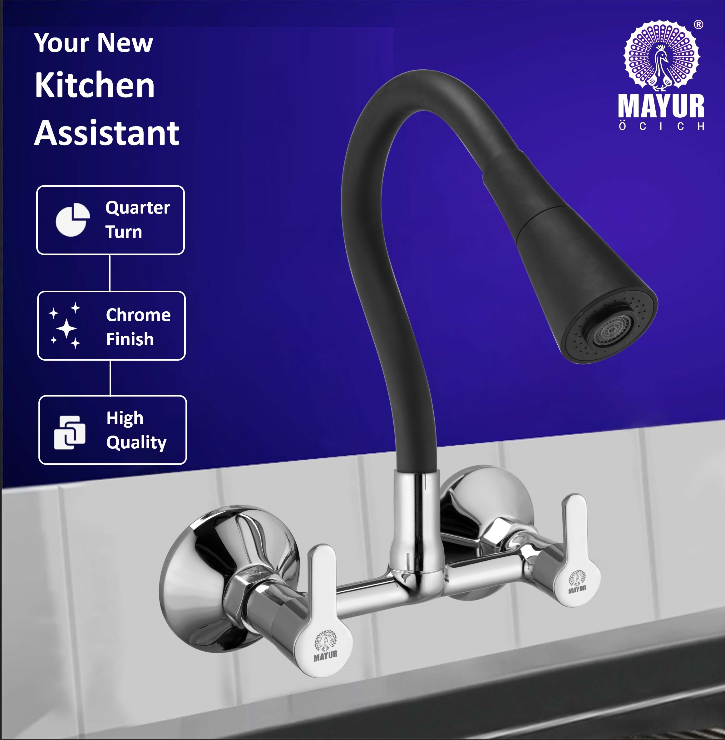 MAYUR ÖCICH Brass Kitchen Sink Mixer Tap With Flexible Dual Flow Spout | Hot & Cold Wall Mounted Faucet With 360 Swivel & Twist Function | Chrome Finish, Dual Handle, 10-Year Warranty - Image 5