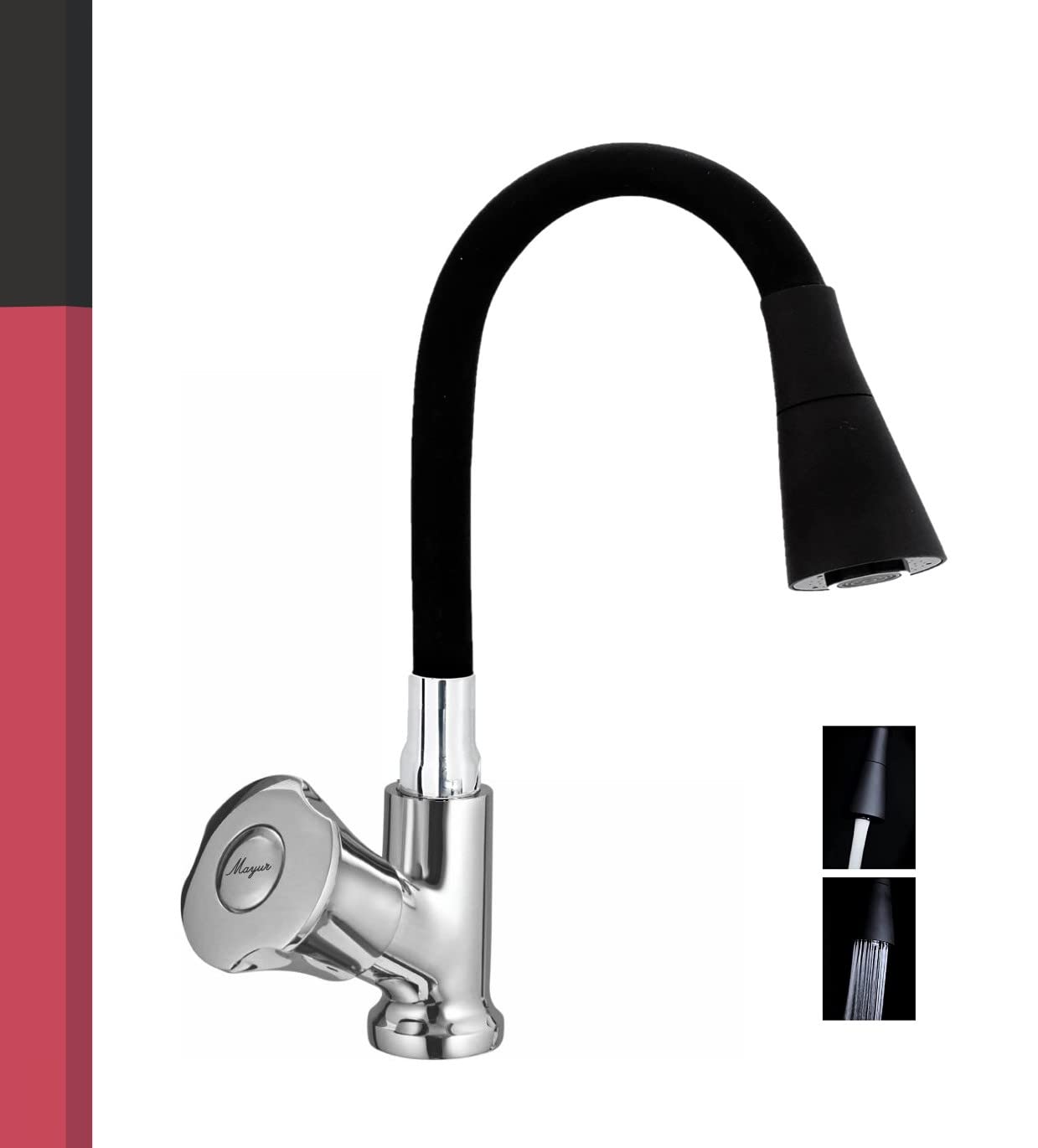 MAYUR ÖCICH Brass Swan Neck Kitchen Sink Tap With Flexible Dual Flow Spout | 360 Swivel | Cold Water Faucet With Silicone Spout | Chrome Finish | Premium Brass Build | 10-Year Warranty (SLEEK)