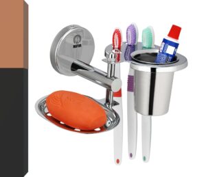 MAYUR ÖCICH Wall Mountable Durable and Stable Stainless Steel Toothbrush, Paste & Soap Holder with 3 Slots for Keeping Toothpaste, Toothbrush & soap, LOTUS-1145
