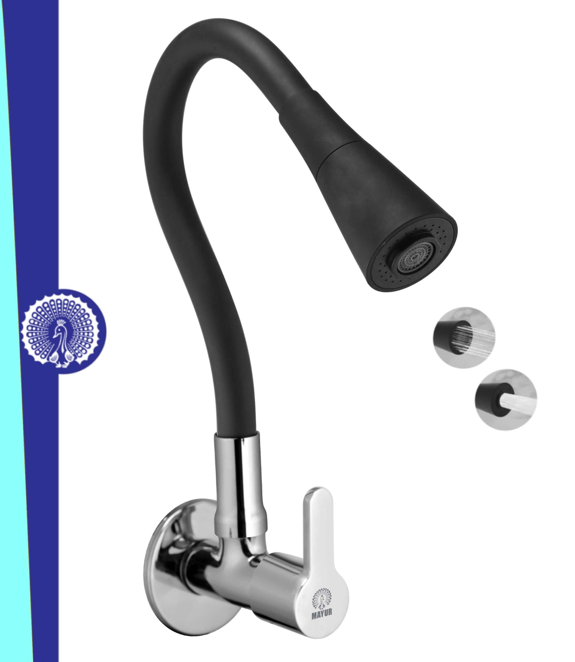 MAYUR ÖCICH Brass Kitchen Sink Tap Faucet With Flexible Dual Flow Silicone Spout | 360 Swivel | Chrome & Matte Black Finish | Cold Water Wall Mounted Faucet With Flange | 10-Year Warranty (FUSION)
