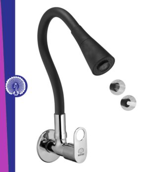 MAYUR ÖCICH Brass Kitchen Sink Tap Faucet With Flexible Dual Flow Silicone Spout | 360 Swivel | Chrome & Matte Black Finish | Cold Water Wall Mounted Faucet With Flange | 10-Year Warranty (ORNIX)