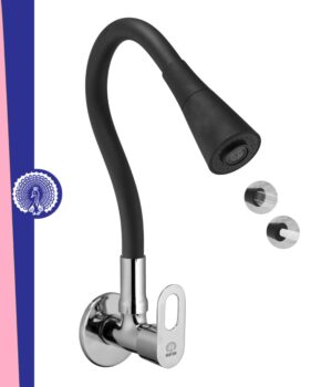 MAYUR ÖCICH Brass Kitchen Sink Tap Faucet With Flexible Dual Flow Silicone Spout | 360 Swivel | Chrome & Matte Black Finish | Cold Water Wall Mounted Faucet With Flange | 10-Year Warranty (MILANO)