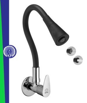 MAYUR ÖCICH Brass Kitchen Sink Tap Faucet With Flexible Dual Flow Silicone Spout | 360 Swivel | Chrome & Matte Black Finish | Cold Water Wall Mounted Faucet With Flange | 10-Year Warranty (TRENDY)