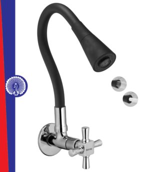 MAYUR ÖCICH Brass Kitchen Sink Tap Faucet With Flexible Dual Flow Silicone Spout | 360 Swivel | Chrome & Matte Black Finish | Cold Water Wall Mounted Faucet With Flange | 10-Year Warranty (MAESTRO)