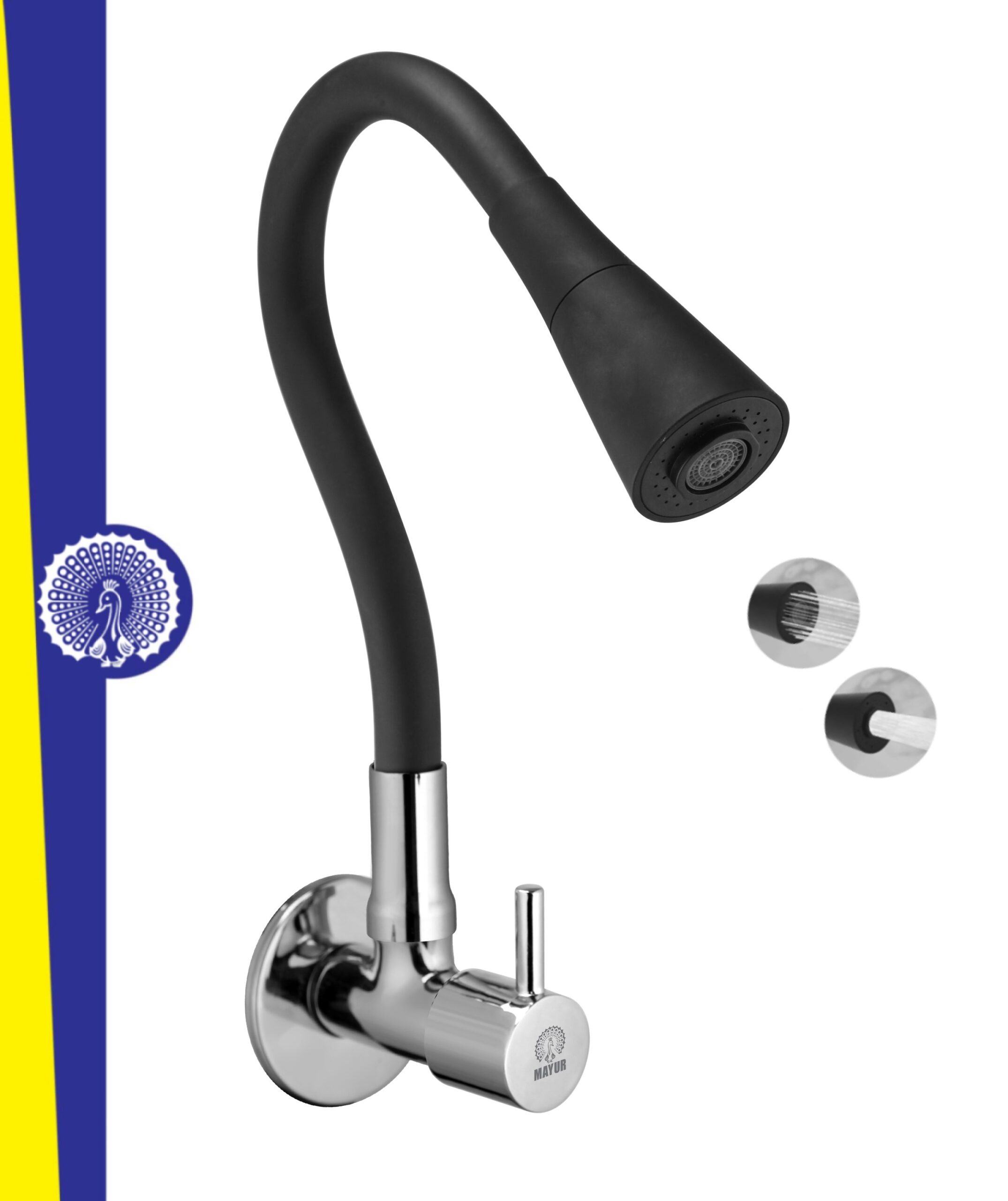 MAYUR ÖCICH Brass Kitchen Sink Tap Faucet With Flexible Dual Flow Silicone Spout | 360 Swivel | Chrome & Matte Black Finish | Cold Water Wall Mounted Faucet With Flange | 10-Year Warranty (FLARO)