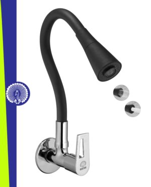 MAYUR ÖCICH Brass Kitchen Sink Tap Faucet With Flexible Dual Flow Silicone Spout | 360 Swivel | Chrome & Matte Black Finish | Cold Water Wall Mounted Faucet With Flange | 10-Year Warranty (ARIA)