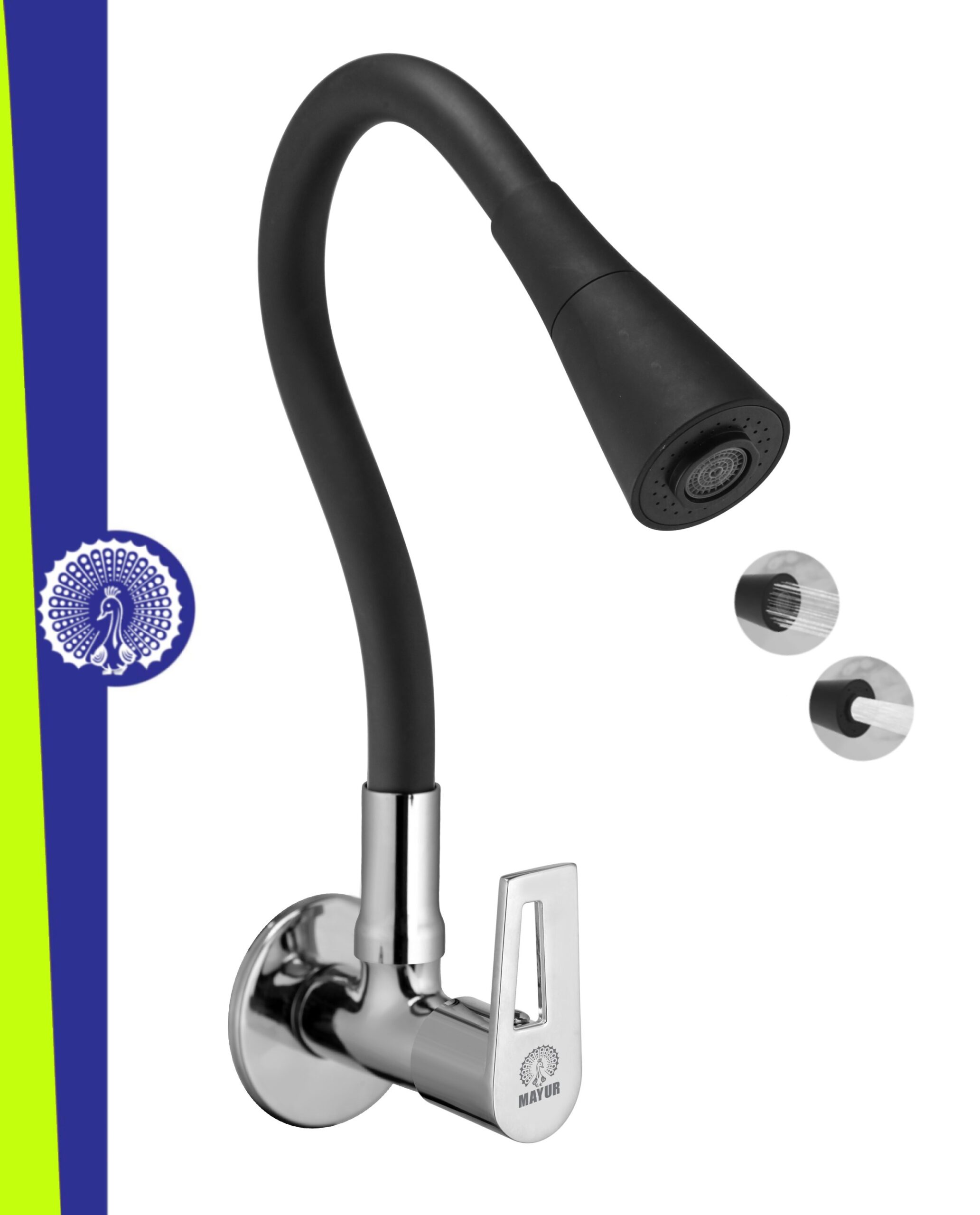MAYUR ÖCICH Brass Kitchen Sink Tap Faucet With Flexible Dual Flow Silicone Spout | 360 Swivel | Chrome & Matte Black Finish | Cold Water Wall Mounted Faucet With Flange | 10-Year Warranty (ARIA)