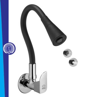 MAYUR ÖCICH Brass Kitchen Sink Tap Faucet With Flexible Dual Flow Silicone Spout | 360 Swivel | Chrome & Matte Black Finish | Cold Water Wall Mounted Faucet With Flange | 10-Year Warranty (ALIVE)