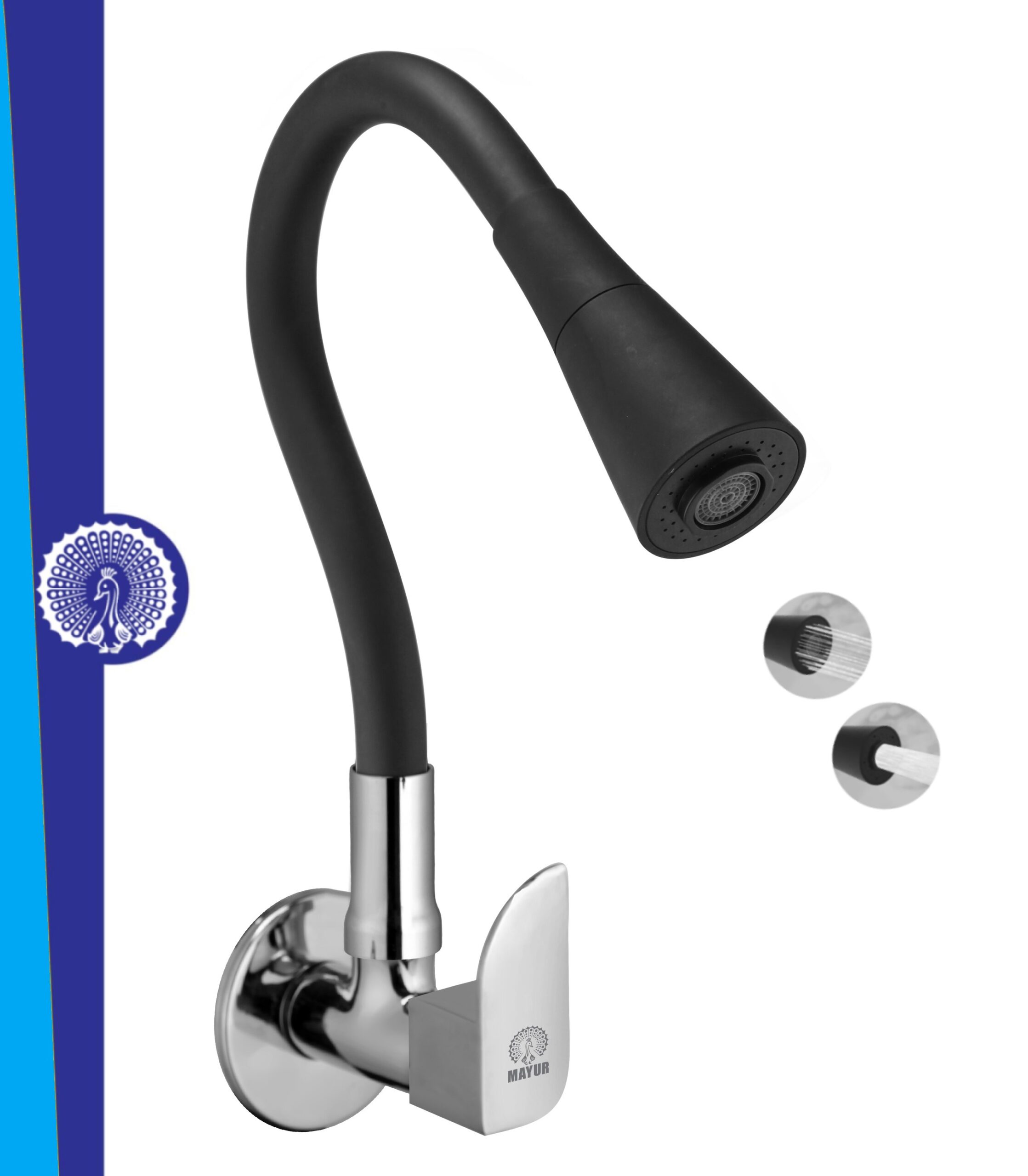 MAYUR ÖCICH Brass Kitchen Sink Tap Faucet With Flexible Dual Flow Silicone Spout | 360 Swivel | Chrome & Matte Black Finish | Cold Water Wall Mounted Faucet With Flange | 10-Year Warranty (ALIVE)