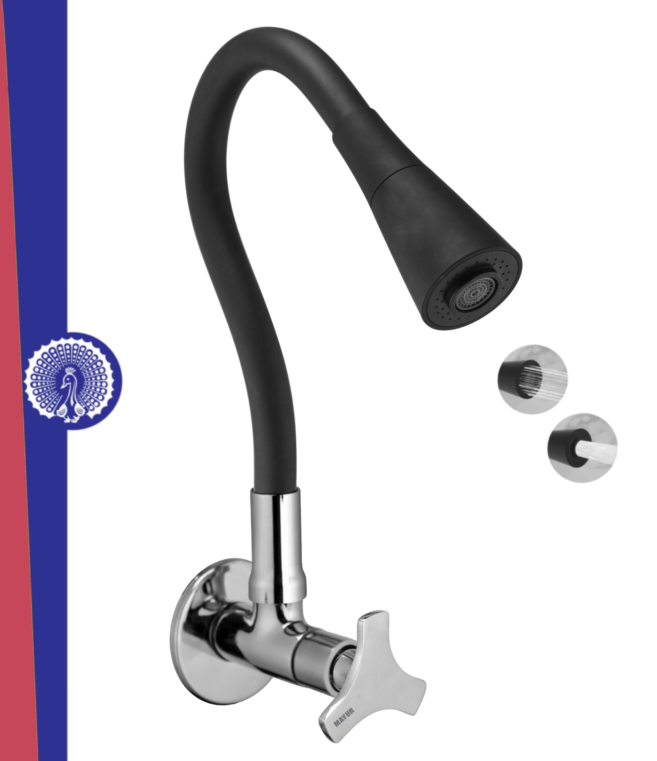MAYUR ÖCICH Brass Kitchen Sink Tap Faucet With Flexible Dual Flow Silicone Spout | 360 Swivel | Chrome & Matte Black Finish | Cold Water Wall Mounted Faucet With Flange | 10-Year Warranty (TRIO)