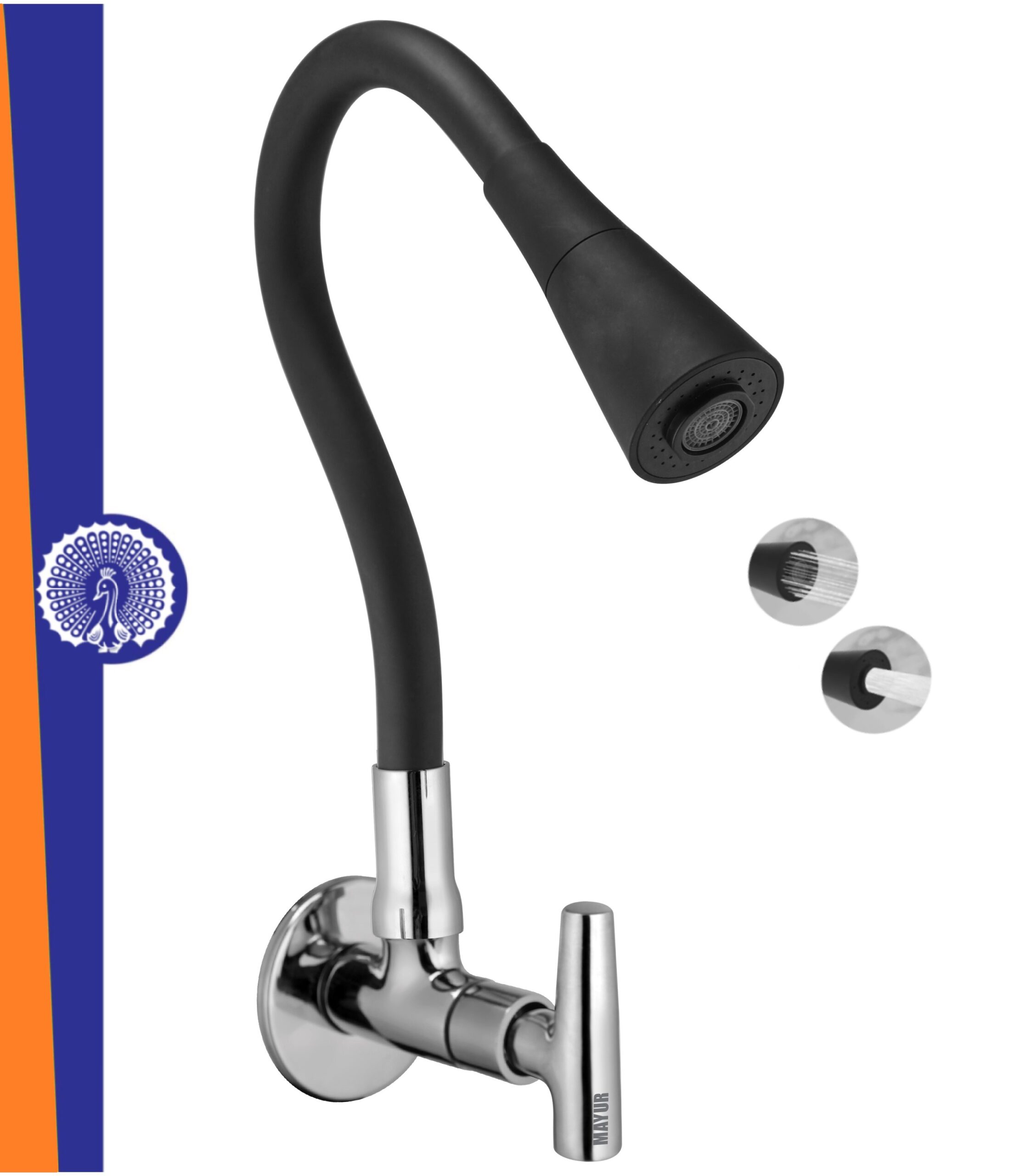 MAYUR ÖCICH Brass Kitchen Sink Tap Faucet With Flexible Dual Flow Silicone Spout | 360 Swivel | Chrome & Matte Black Finish | Cold Water Wall Mounted Faucet With Flange | 10-Year Warranty (PIPER)